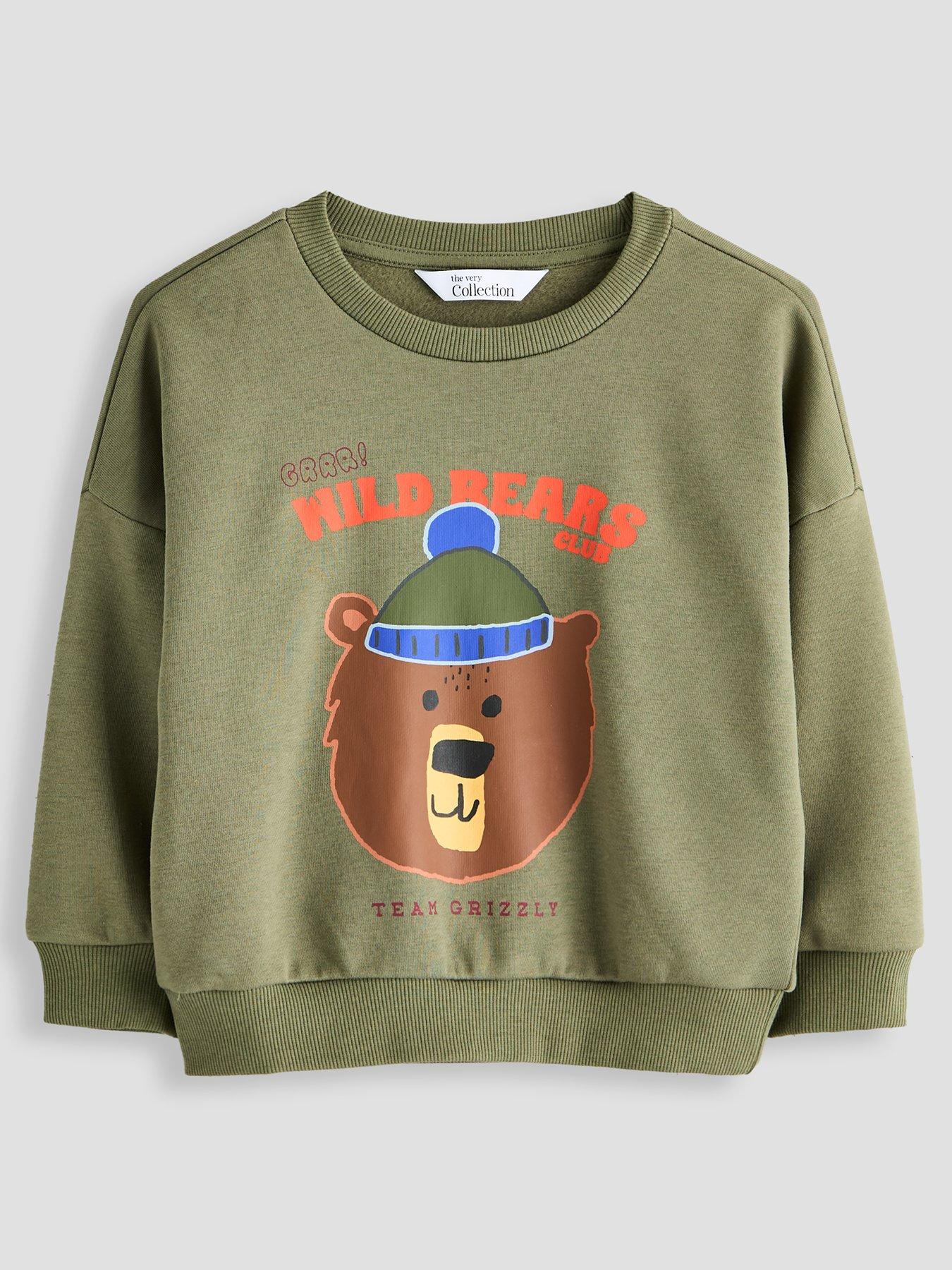 The Very Collection Boys Cotton Rich Bear Graphic Basic Sweatshirt - Green