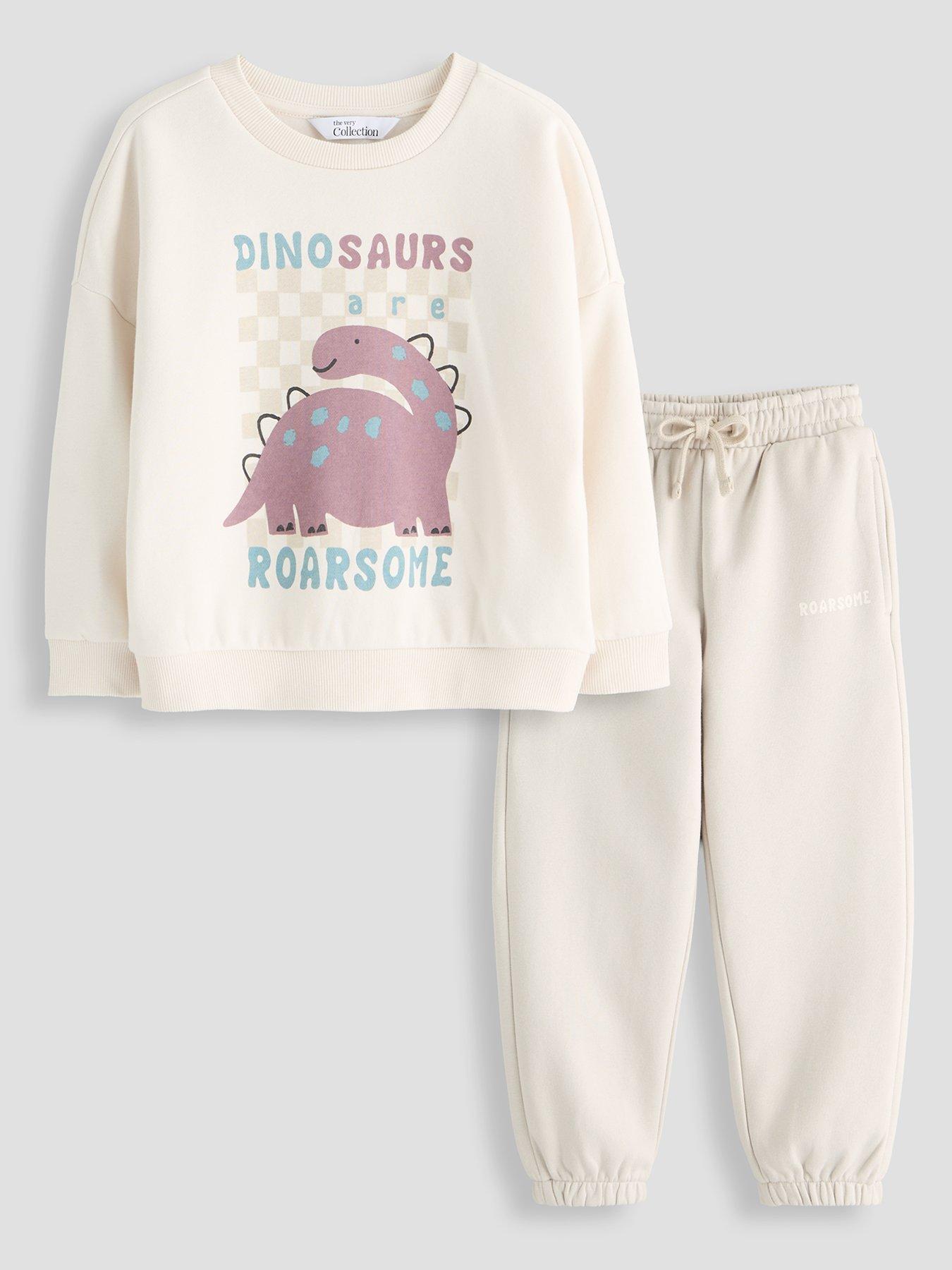 The Very Collection Boys Cotton Rich Dinosaur Sweatshirt And Joggers Basic Outfit Set - Beige