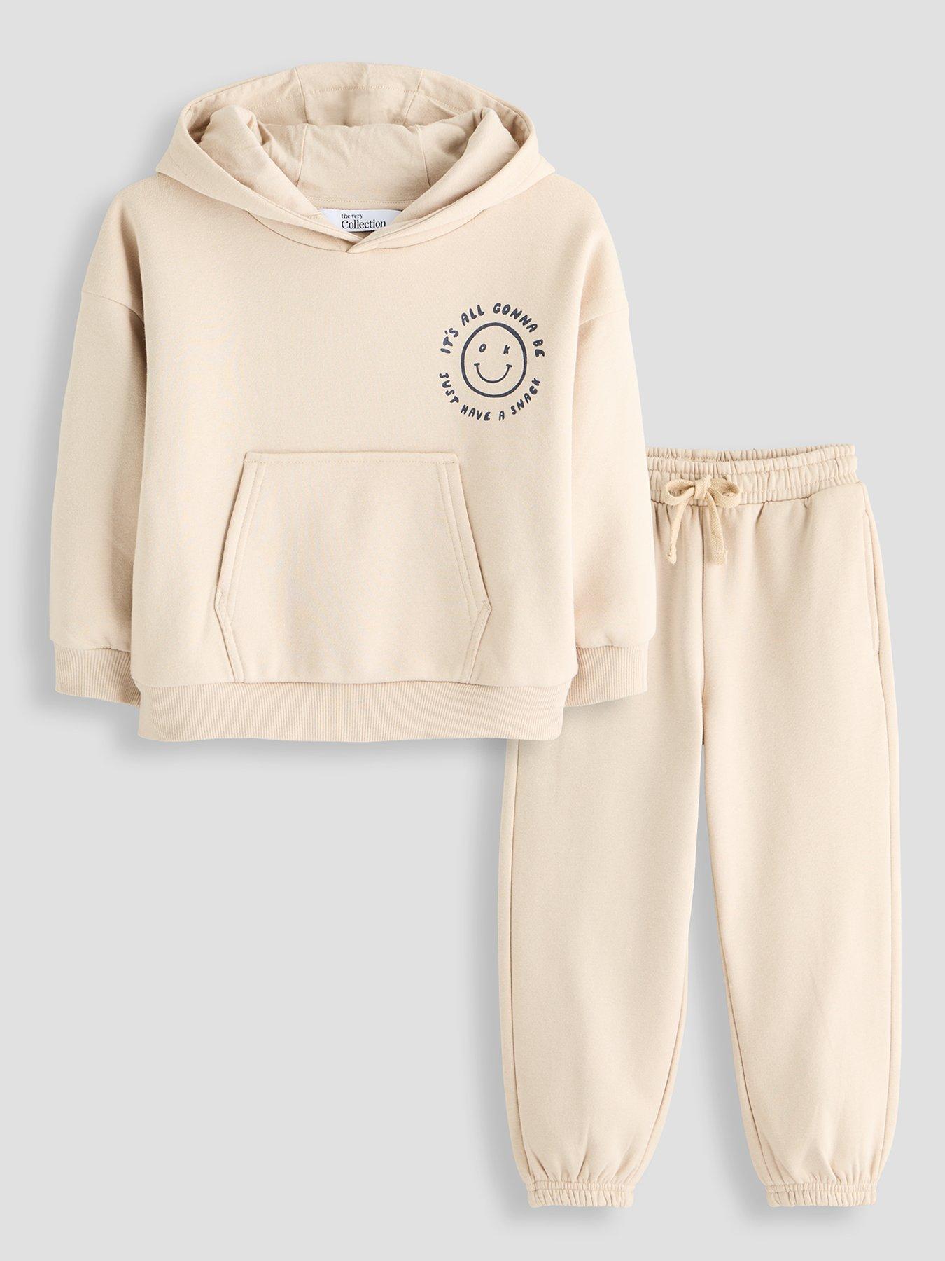 The Very Collection Boys' Cotton Rich Smile Hoodie and Joggers Basic Outfit Set - Stone Beige