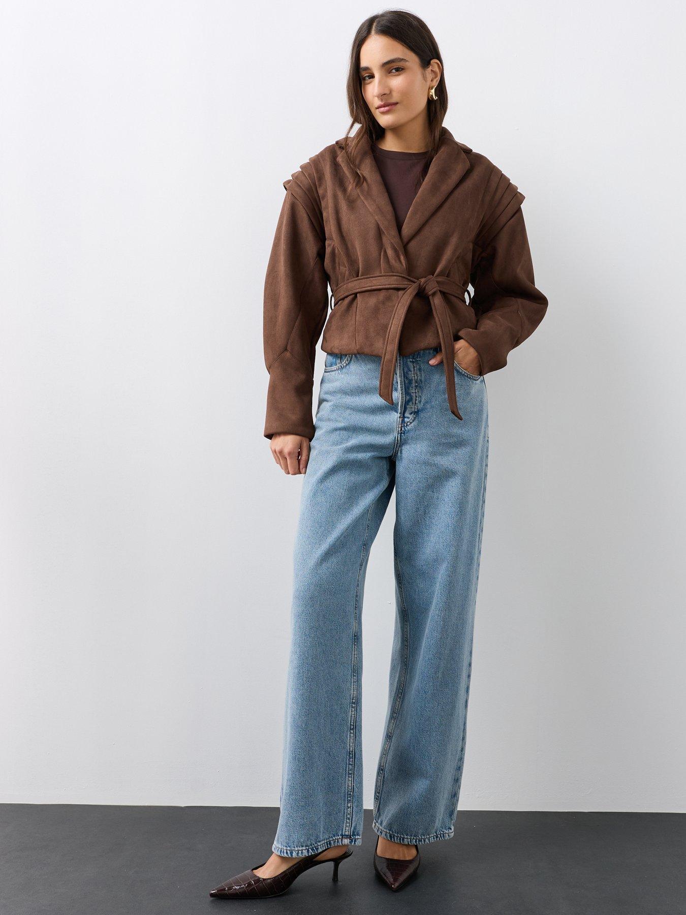 Image 3 of 7 of The Very Collection Belted Faux Suede Jacket - Brown