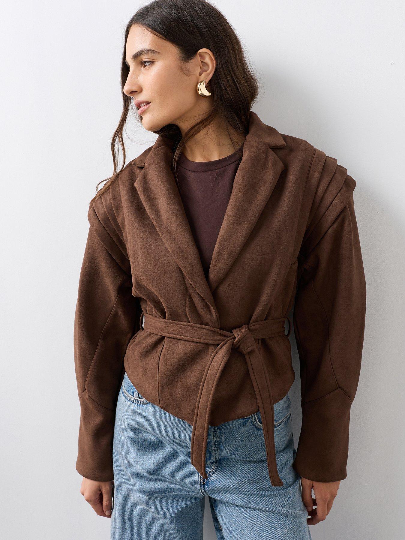 Image 4 of 7 of The Very Collection Belted Faux Suede Jacket - Brown
