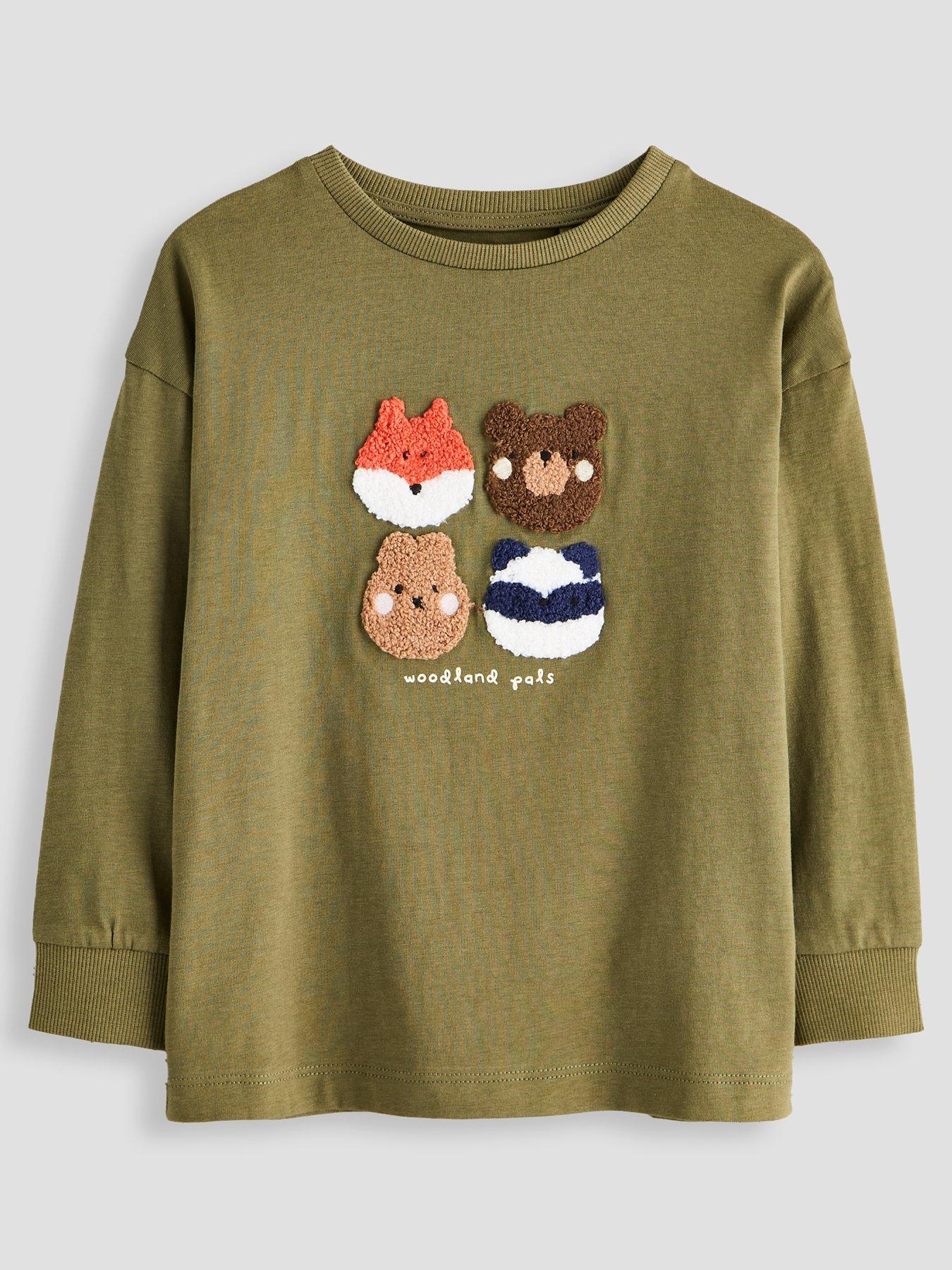 The Very Collection Boys Cotton Rich Boucle Animal Character Long Sleeve Basic T-Shirt - Green