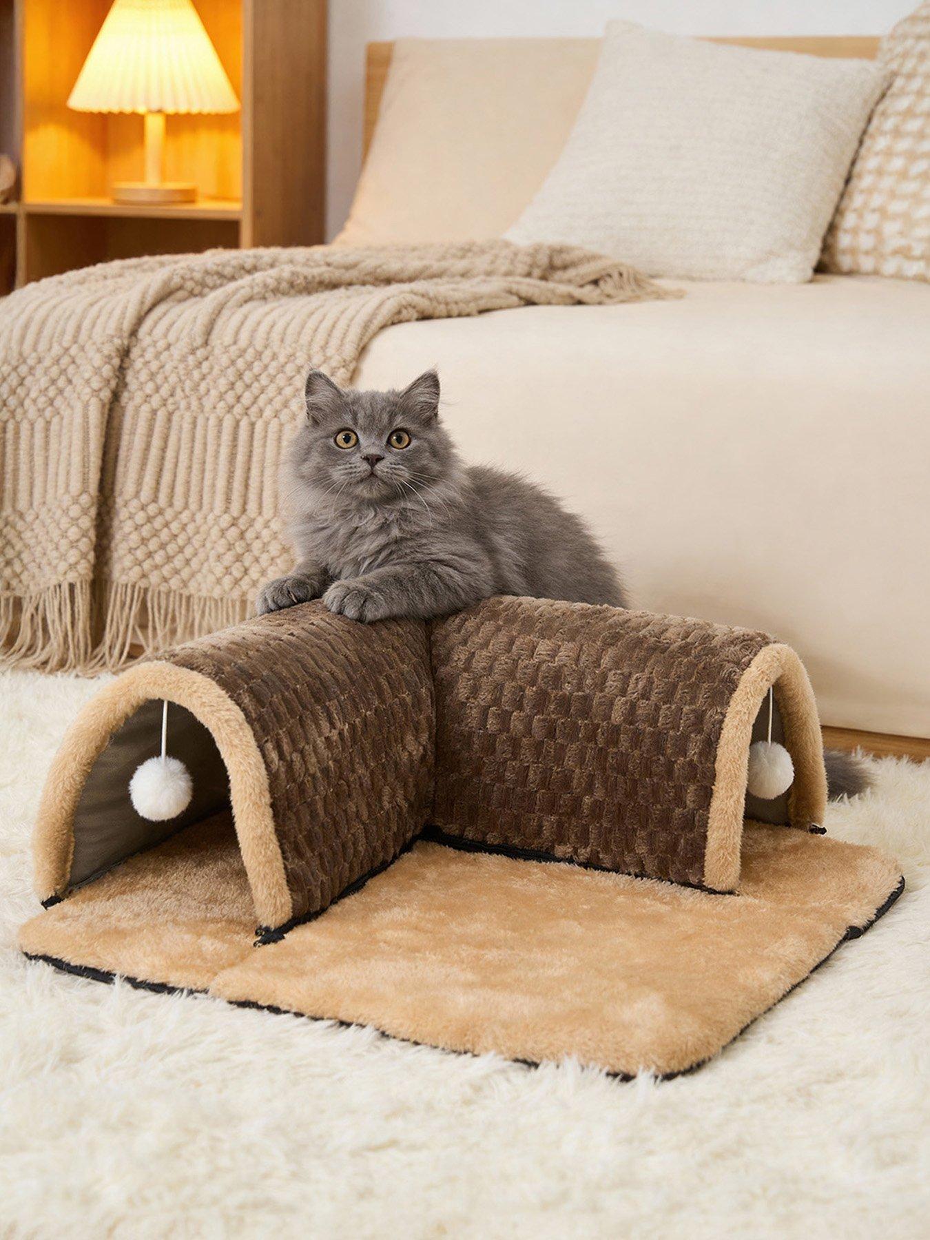 Living and Home Brown Medium Soft Semi-Enclosed Cat Play Tunnel with Hanging Balls, 60cm W x 60cm D x 15cm H