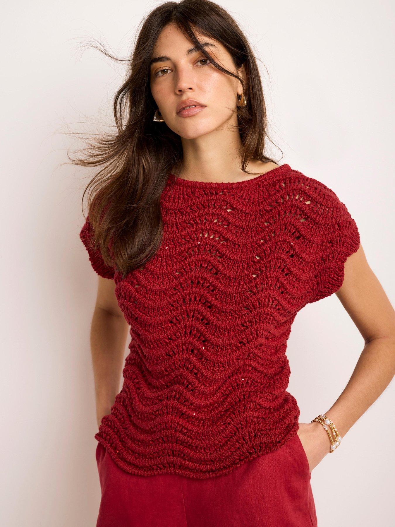 Image 4 of 6 of Mint Velvet Sparkle Stitch Top - Red