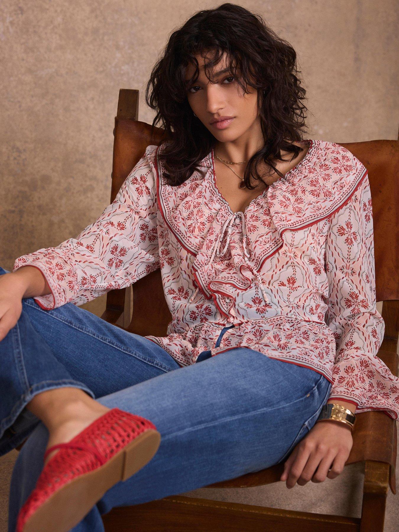 Image 1 of 6 of Mint Velvet Pink Geo Print Ruffle Blouse