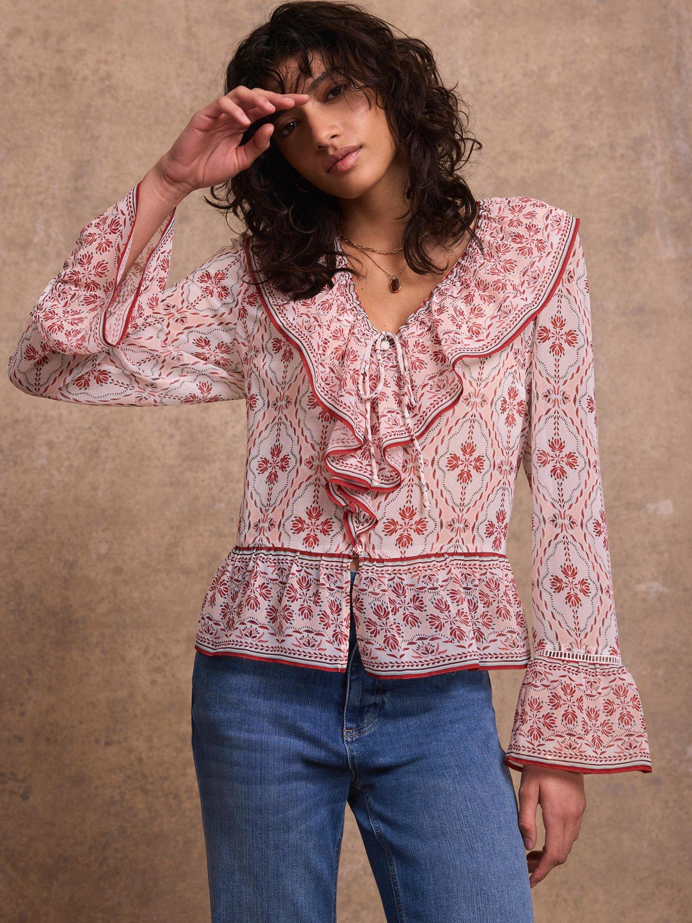 Image 2 of 6 of Mint Velvet Pink Geo Print Ruffle Blouse