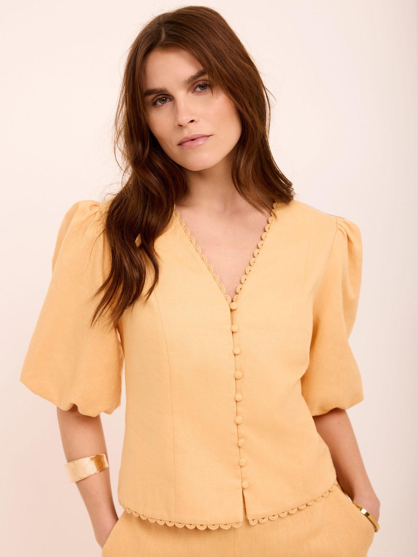 Image 2 of 6 of Mint Velvet Linen Puff Sleeve Top - Yellow