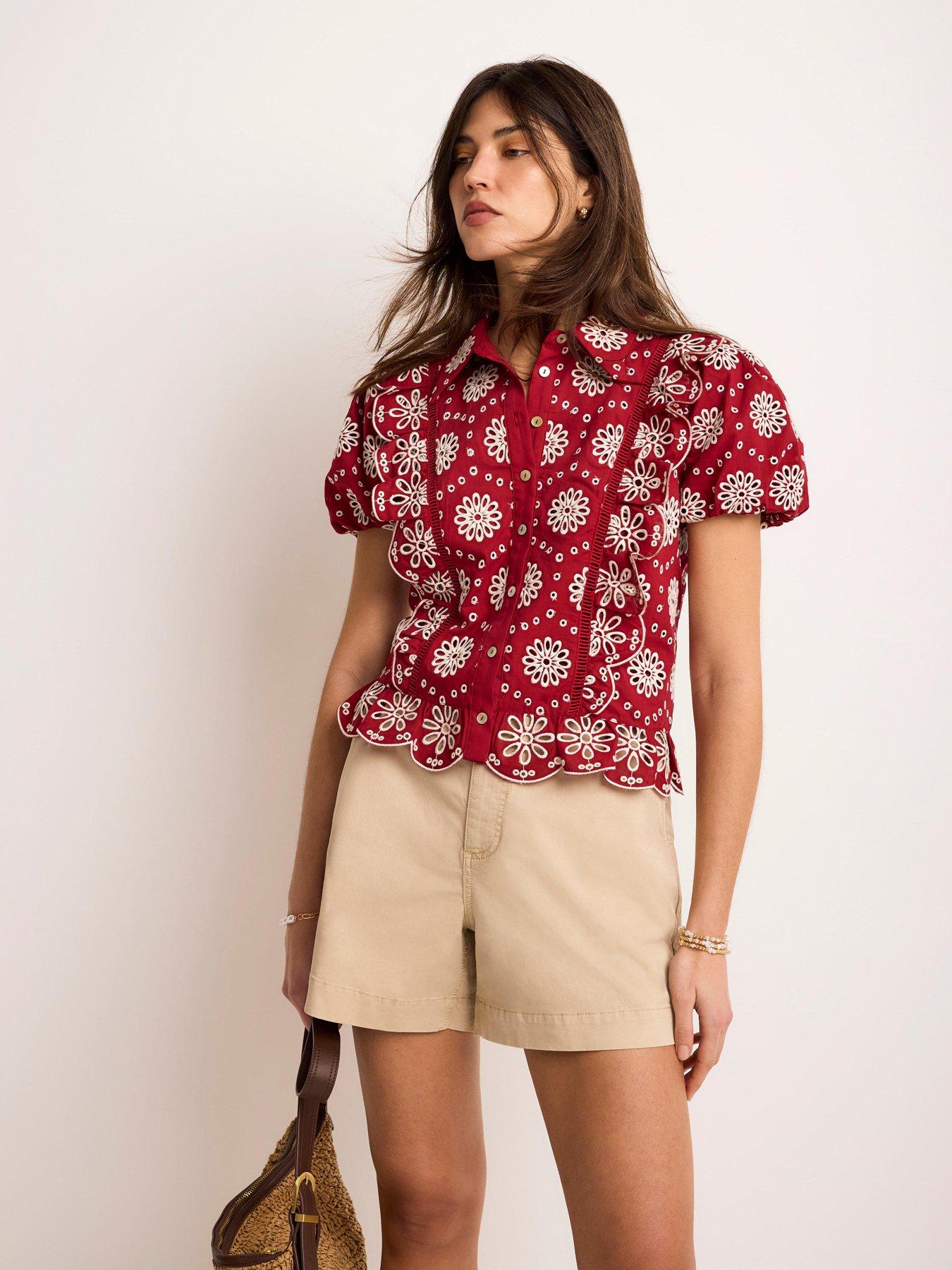 Mint Velvet Broderie Puff Sleeve Top - Red