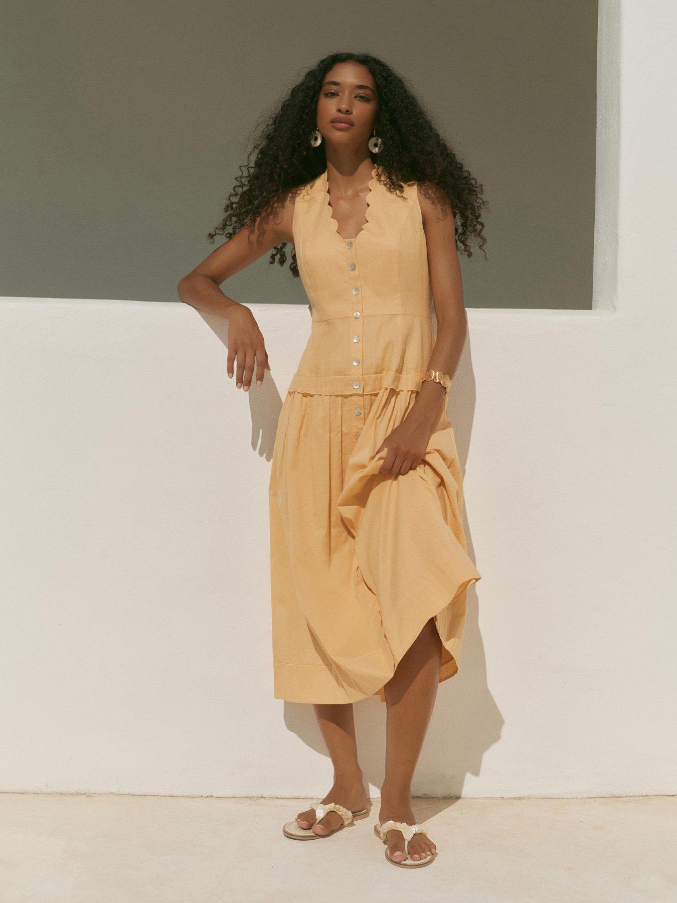 Image 1 of 6 of Mint Velvet Drop Waist Midi Dress - Yellow