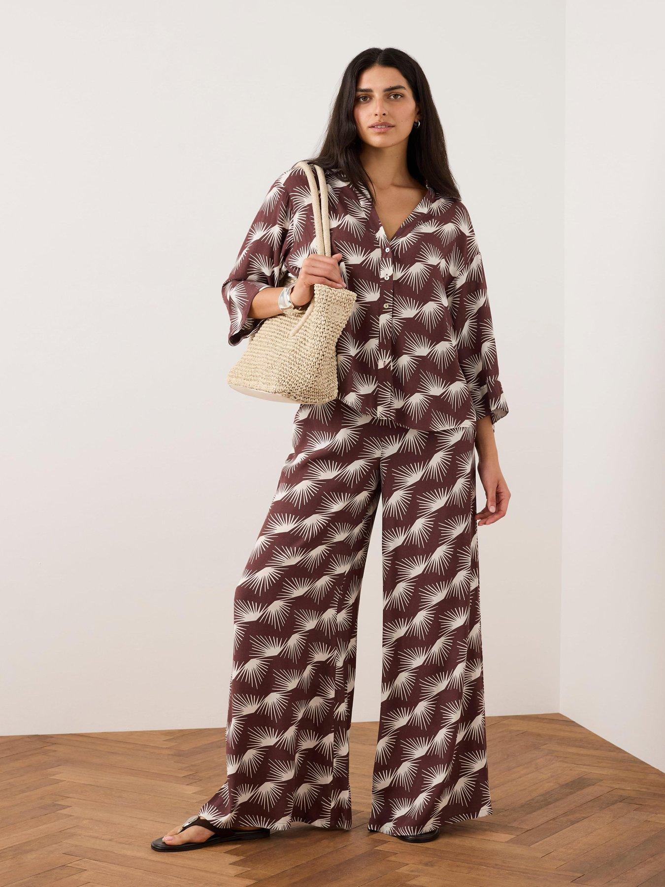 Image 1 of 6 of Mint Velvet Burgundy Print Wide Trouser - Red