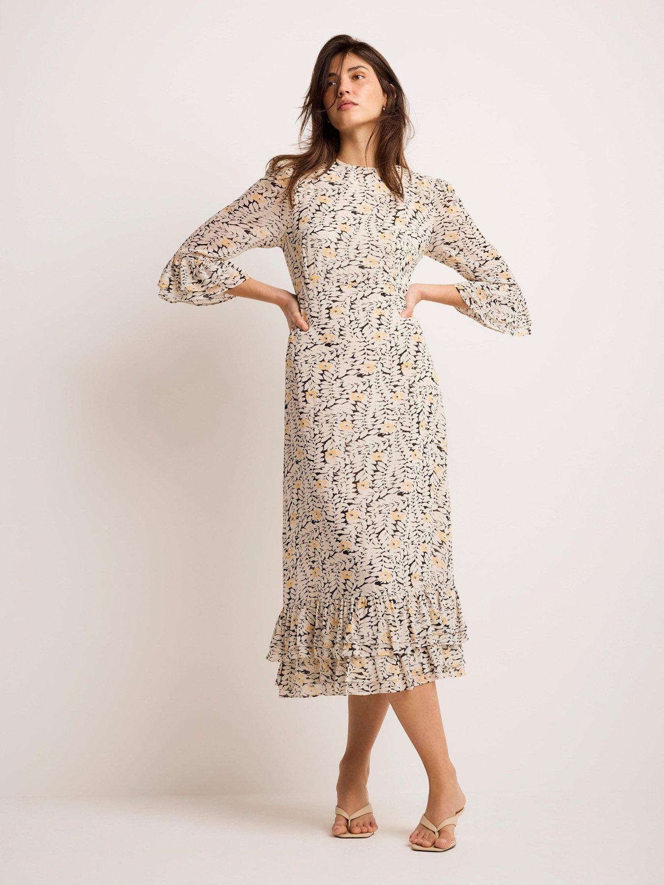 Mint Velvet Floral Print Ruffle Midi Dress - Black
