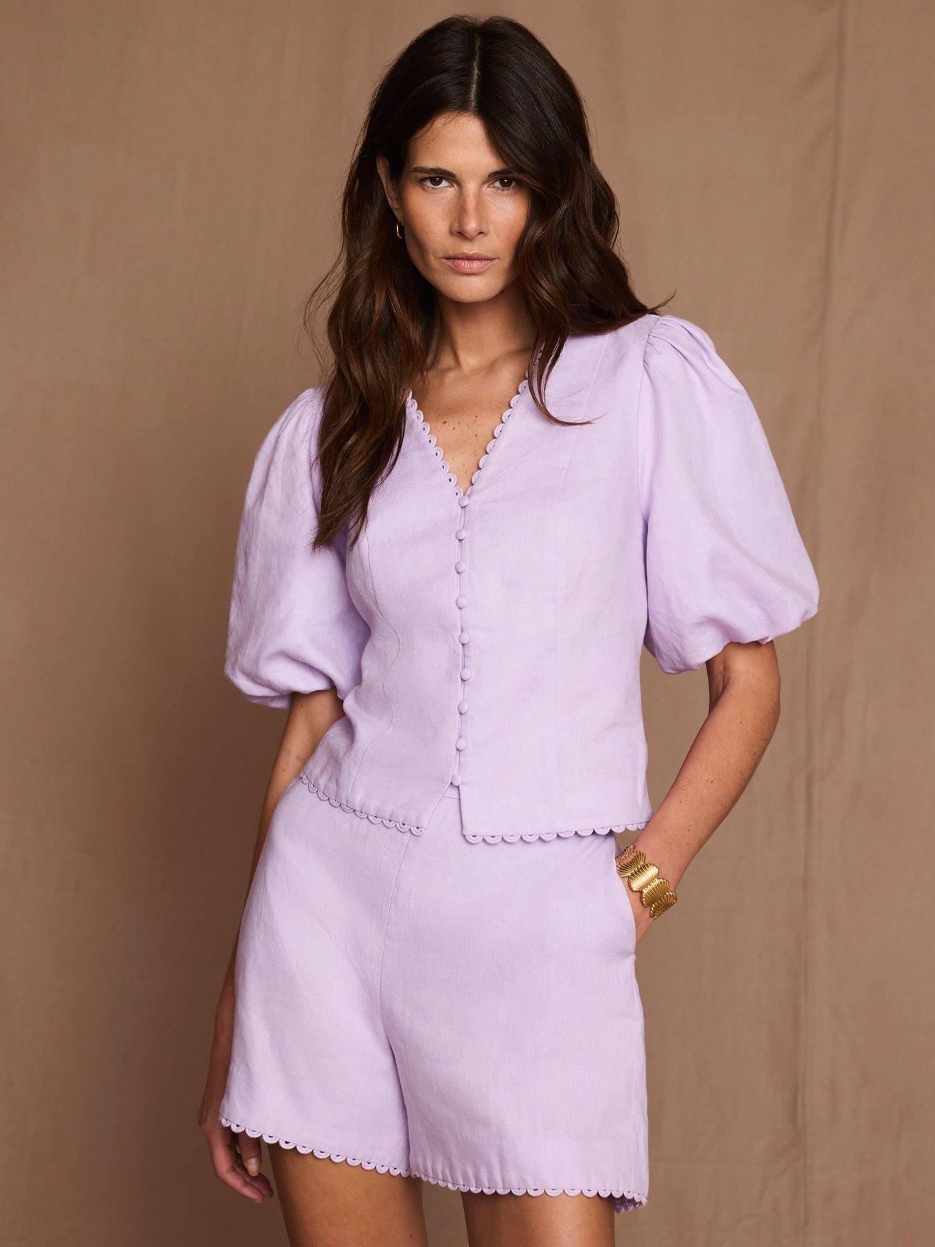 Mint Velvet Lilac Linen Puff Sleeve Top - Purple
