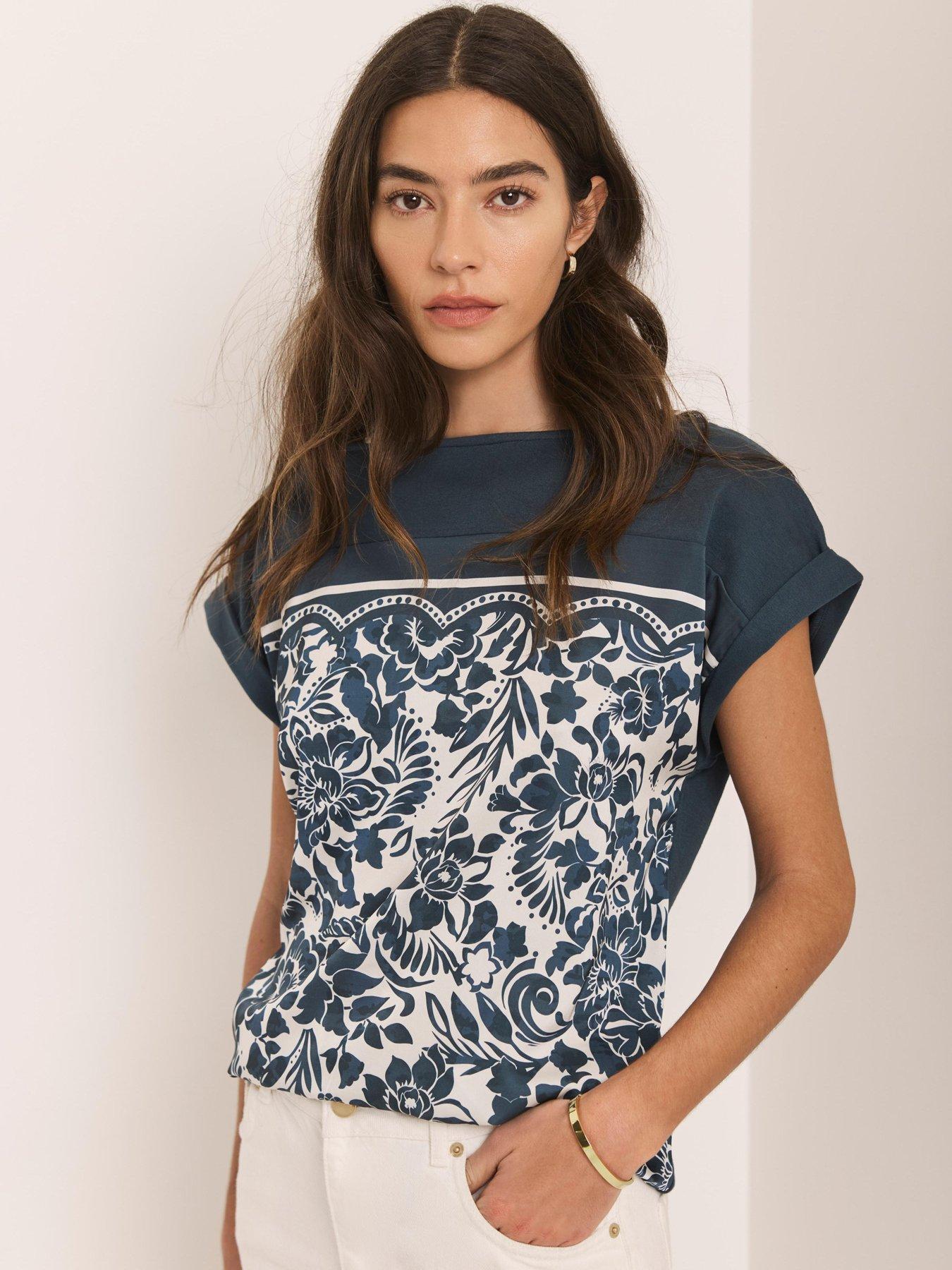 Mint Velvet Navy Print Woven Mix Top