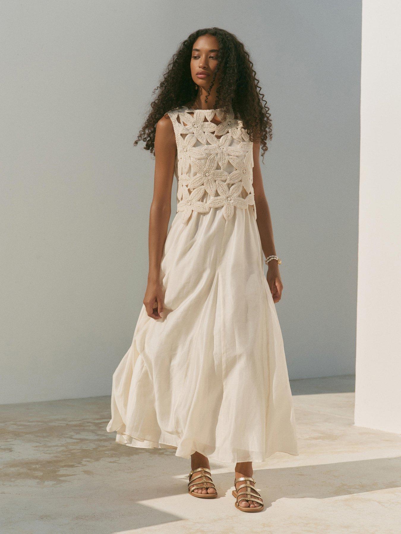 Mint Velvet Crochet Woven Mix Dress - Cream