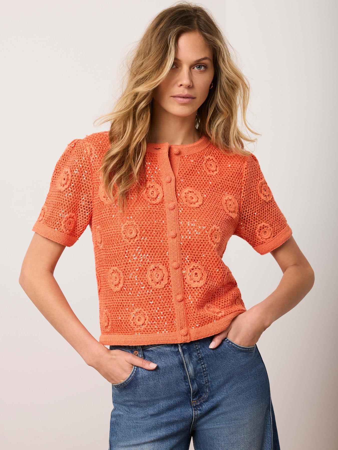 Mint Velvet Orange Sequin Flower Top