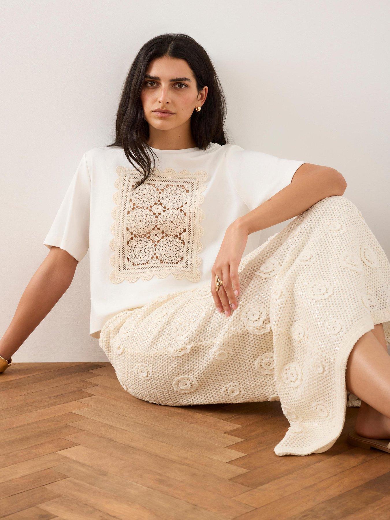 Image 1 of 6 of Mint Velvet Ivory Crochet Panel T-shirt