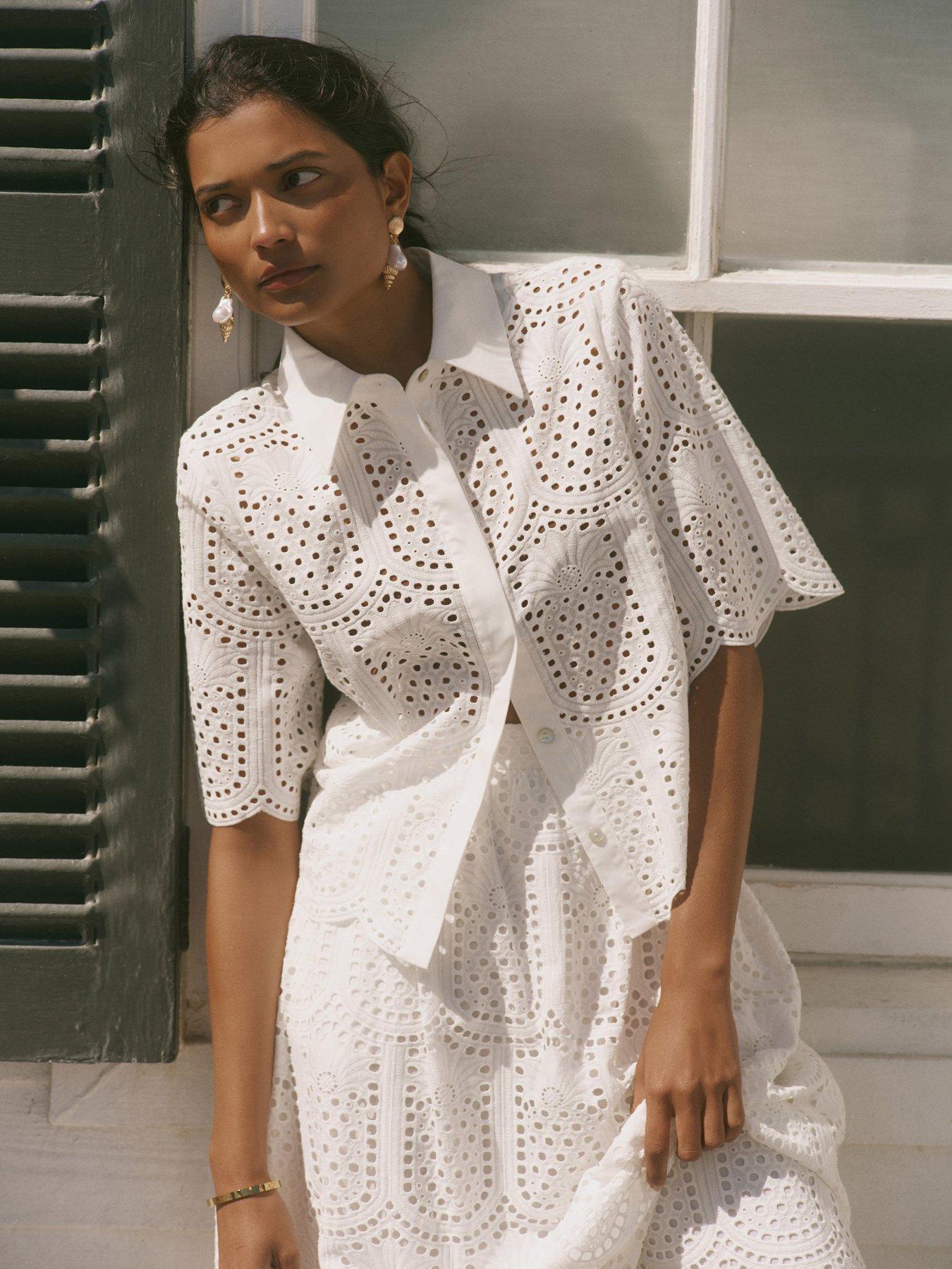 Image 1 of 6 of Mint Velvet Broderie Shirt - Ivory