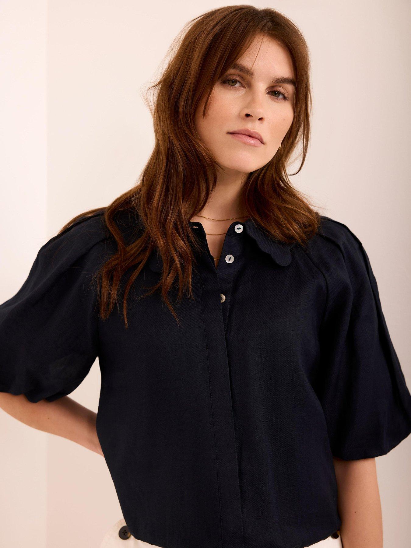 mint-velvet-navy-ramie-puff-sleeve-topstillFront