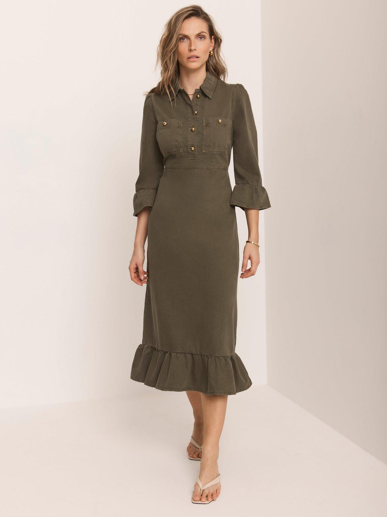 Image 1 of 6 of Mint Velvet Khaki Frill Denim Midi Dress