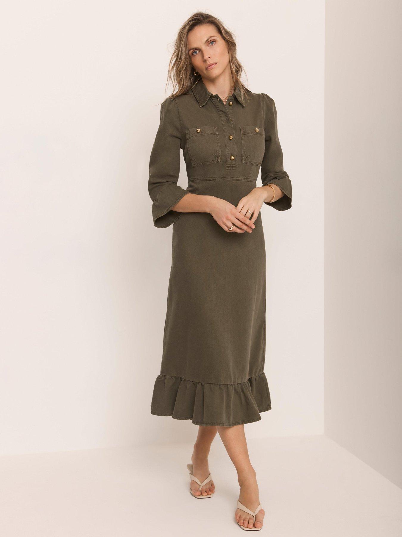 Image 2 of 6 of Mint Velvet Khaki Frill Denim Midi Dress