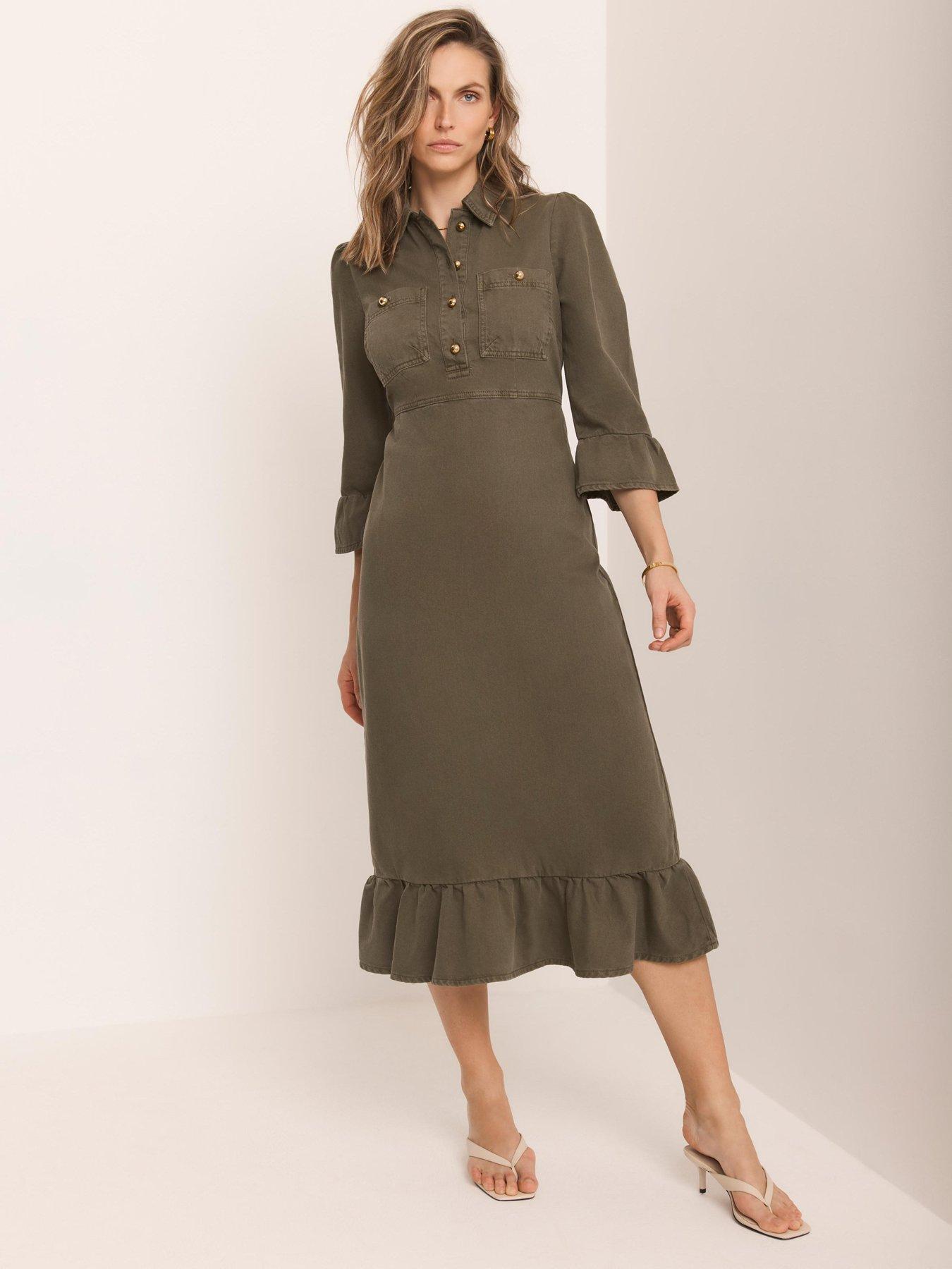 Image 3 of 6 of Mint Velvet Khaki Frill Denim Midi Dress