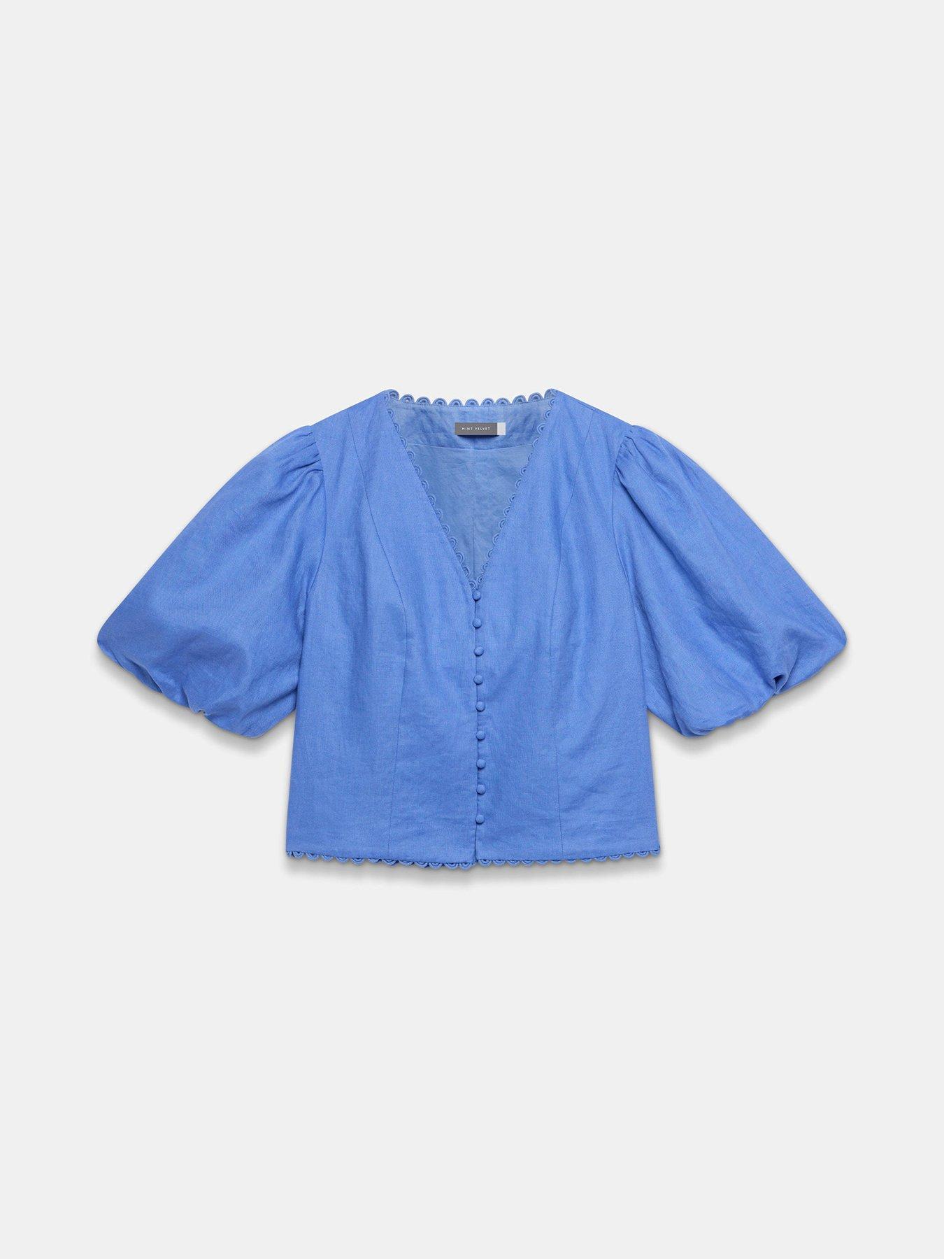Image 5 of 6 of Mint Velvet Linen Puff Sleeve Top - Blue
