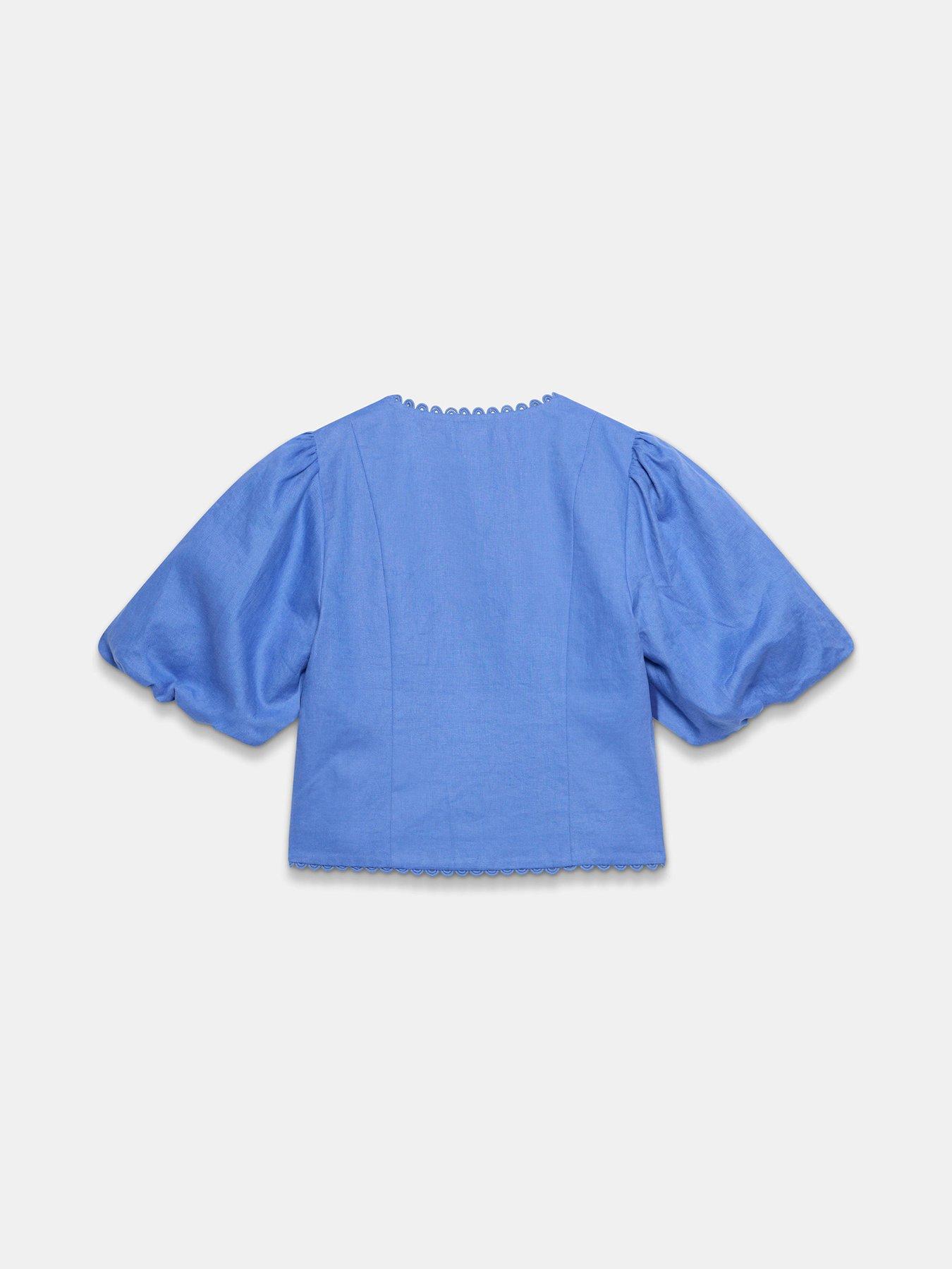 Image 6 of 6 of Mint Velvet Linen Puff Sleeve Top - Blue