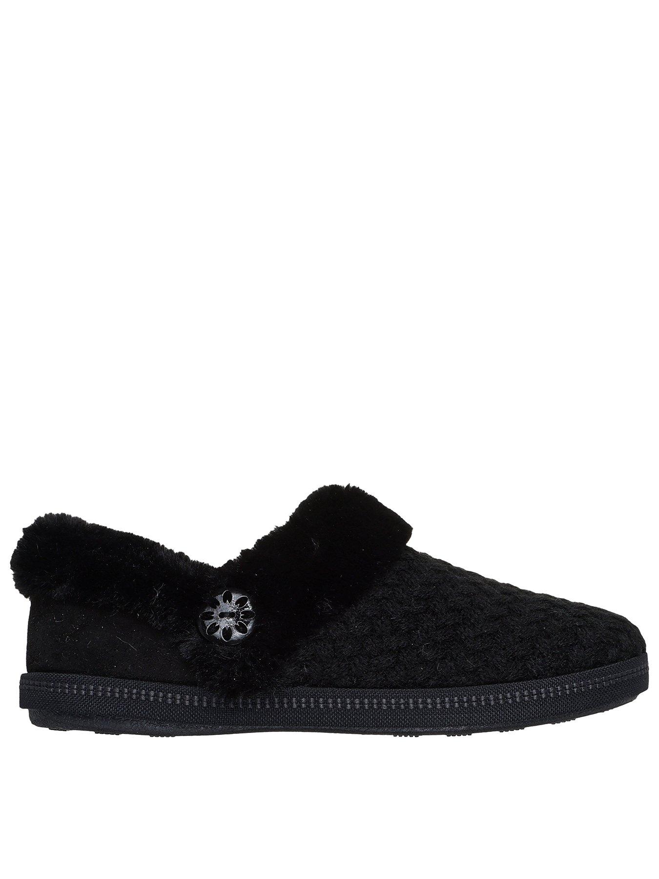 Skechers Cozy Campfire Frosty Promise Quilted Faux Fur Knit Button Slipper W/ Memory Foam - Black Knit/faux Fur