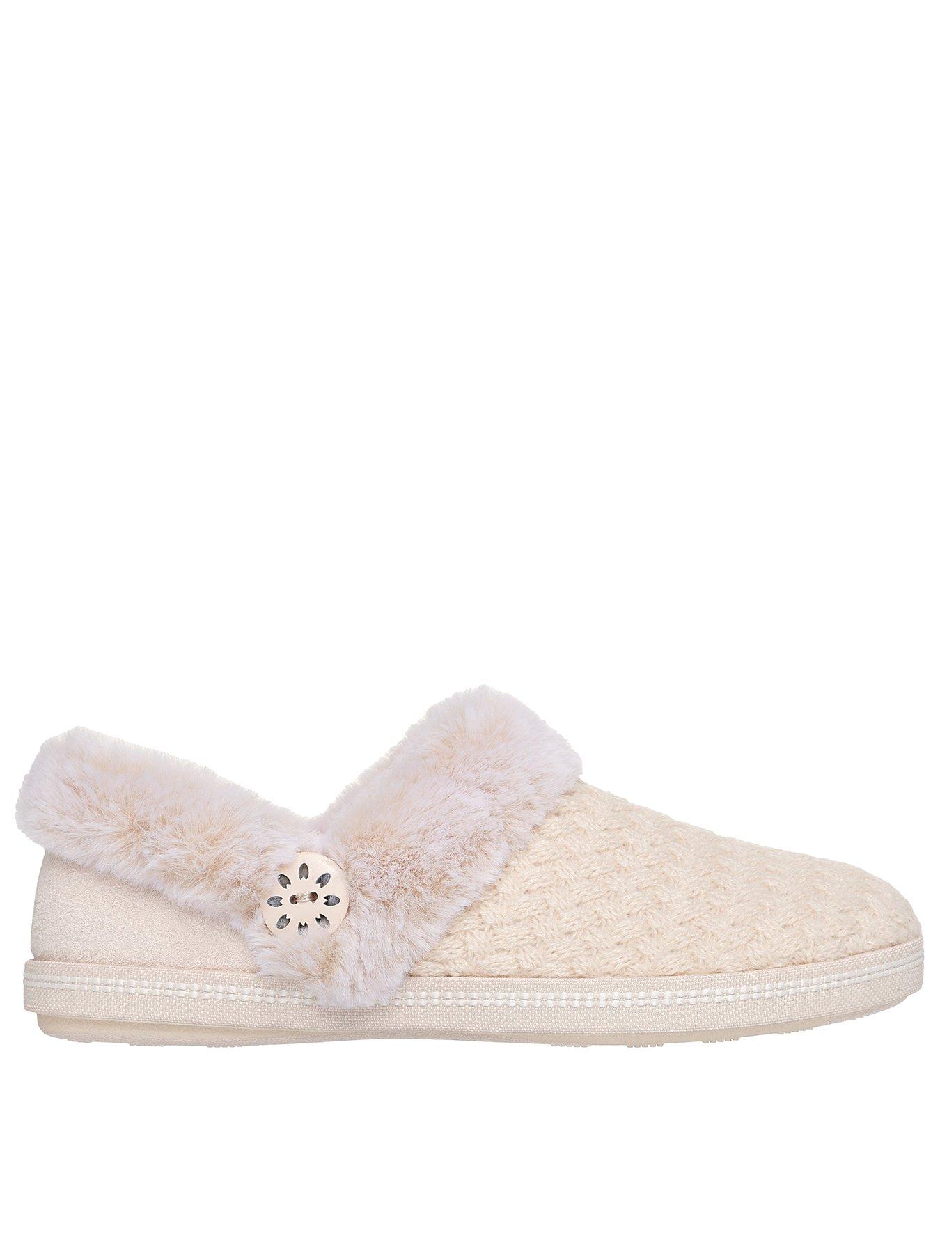 Image 1 of 6 of Skechers Cozy Campfire Frosty Promise Quilted Faux Fur Knit Button Slipper W/ Memory Foam - Sand Knit/suede Heelknit/faux Fur