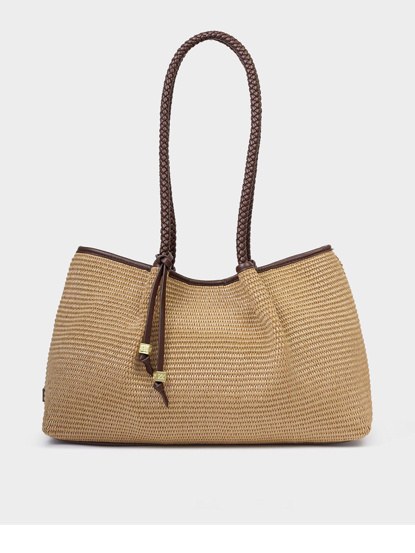 Katie Loxton Nova Raffia Small Shoulder Tote- Natural Raffia / Bitter Chocolate