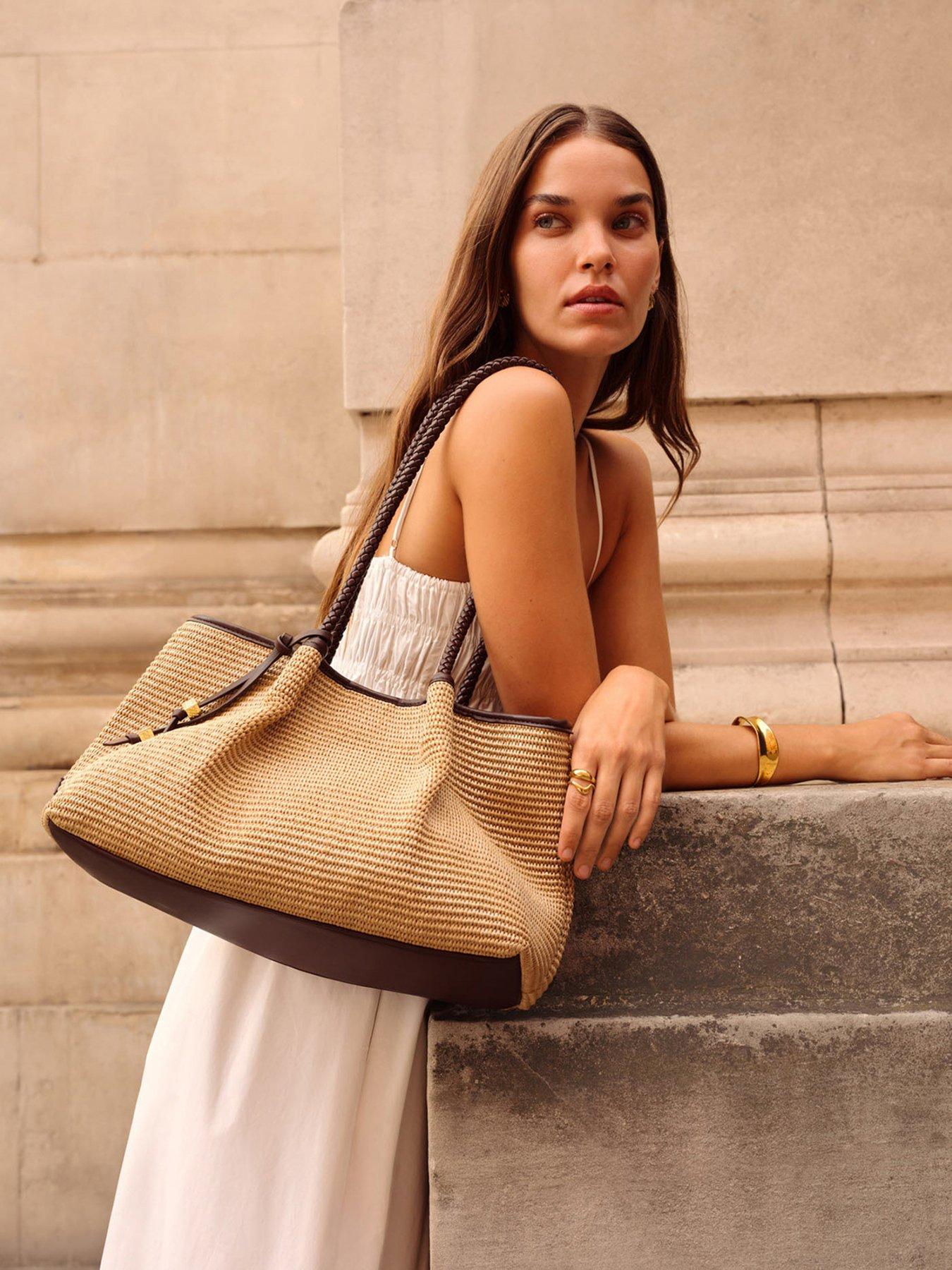Image 2 of 6 of Katie Loxton Nova Raffia Small Shoulder Tote- Natural Raffia / Bitter Chocolate