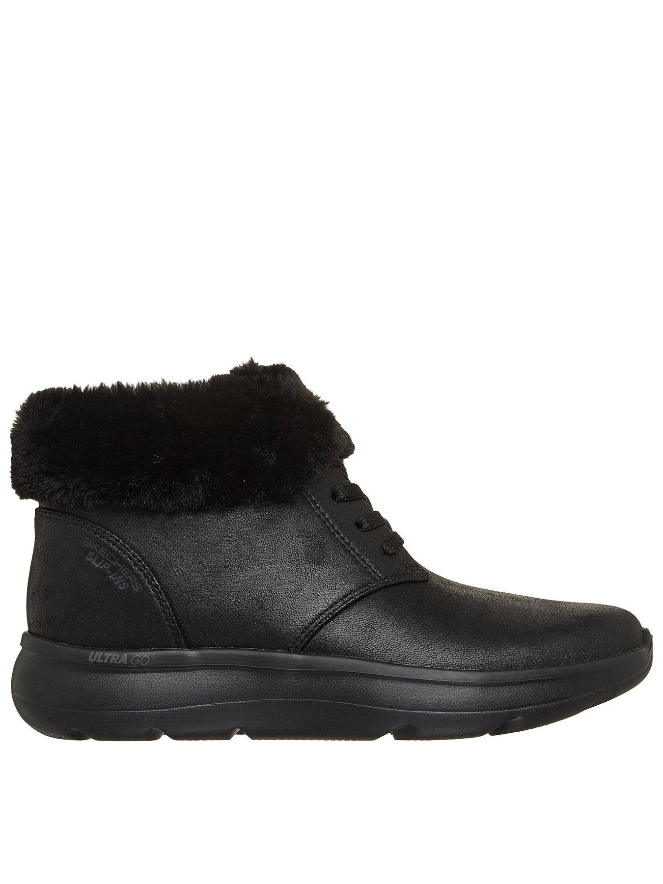 Image 1 of 6 of Skechers On-the-go Encore Phoebe Premium Cozy Slip-ins Perform Tex Desert Boot W/ Bungee Laces &amp; Faux Fur Collar - Black Textile