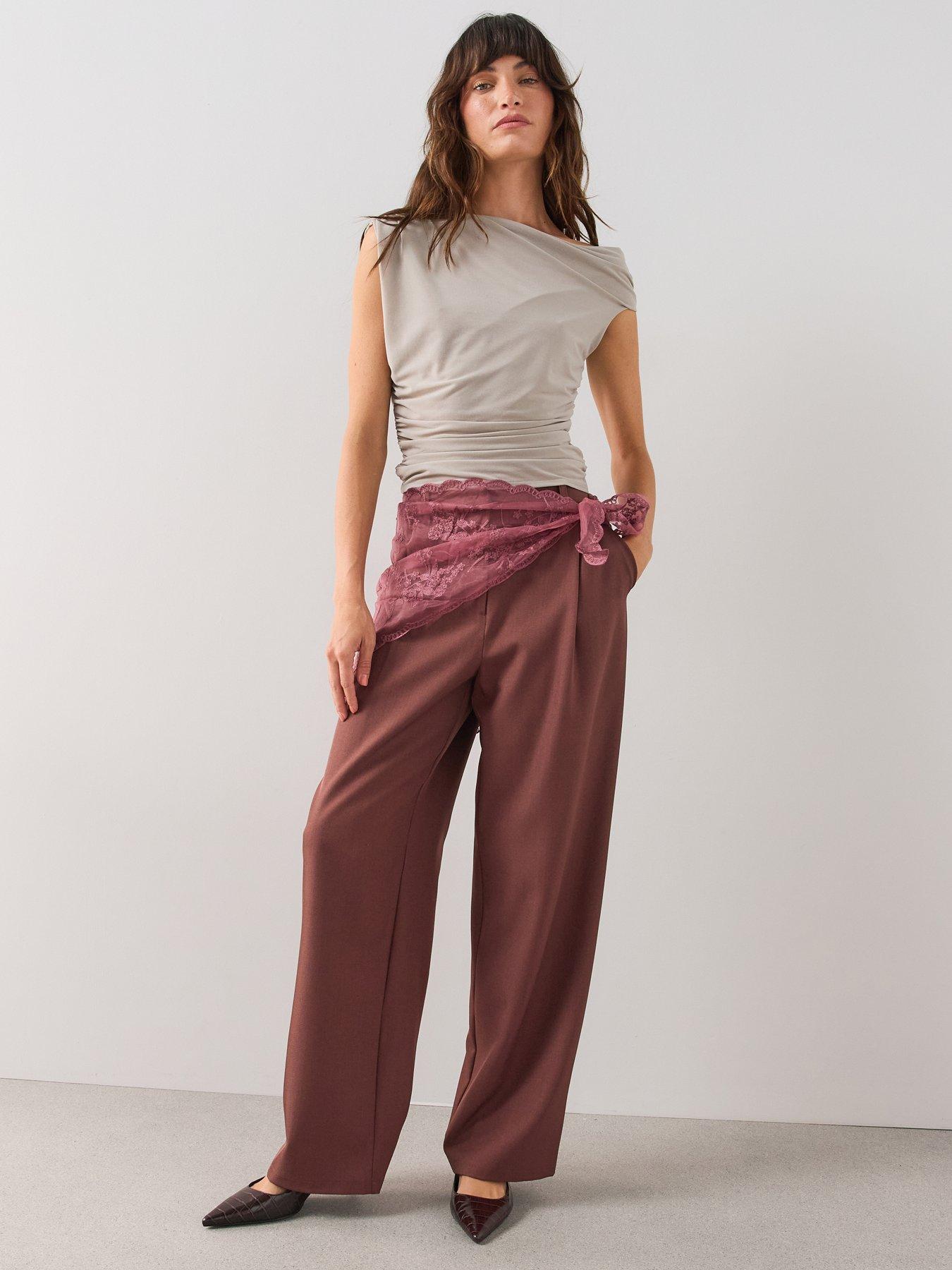 Image 1 of 7 of The Very Collection Lace Wrap Relaxed Straight Leg Trousers - Burgundy