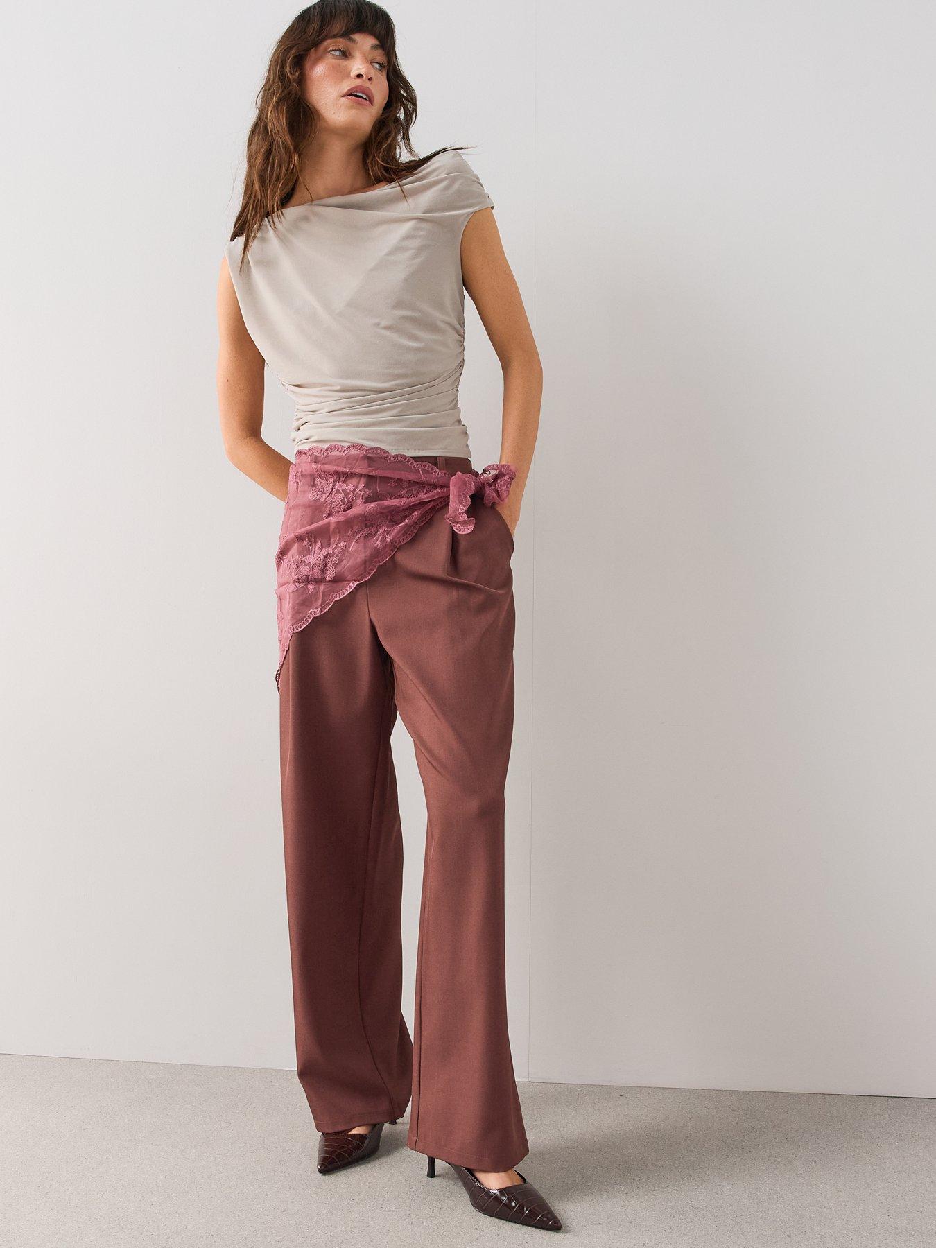 Image 5 of 7 of The Very Collection Lace Wrap Relaxed Straight Leg Trousers - Burgundy