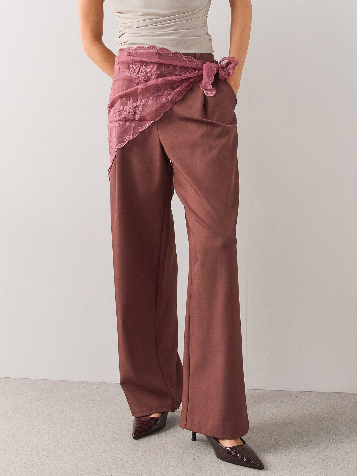 Image 6 of 7 of The Very Collection Lace Wrap Relaxed Straight Leg Trousers - Burgundy