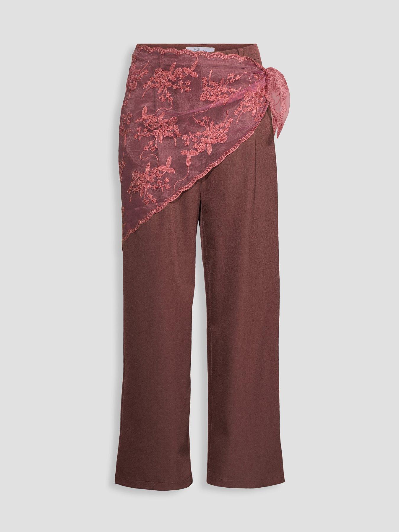 Image 7 of 7 of The Very Collection Lace Wrap Relaxed Straight Leg Trousers - Burgundy