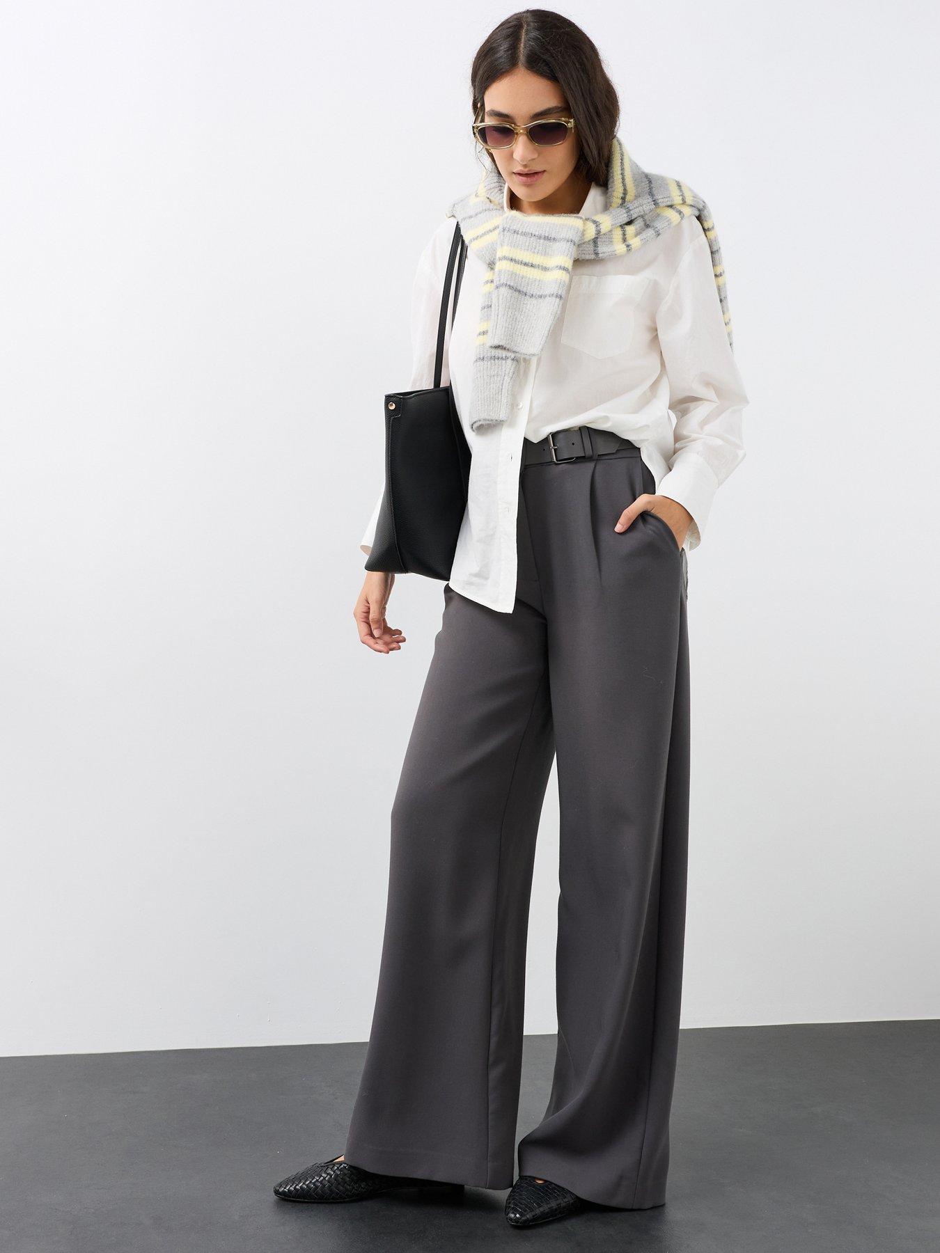 Image 1 of 7 of The Very Collection Buckle Waist Wide Leg Tailored Trousers - Grey