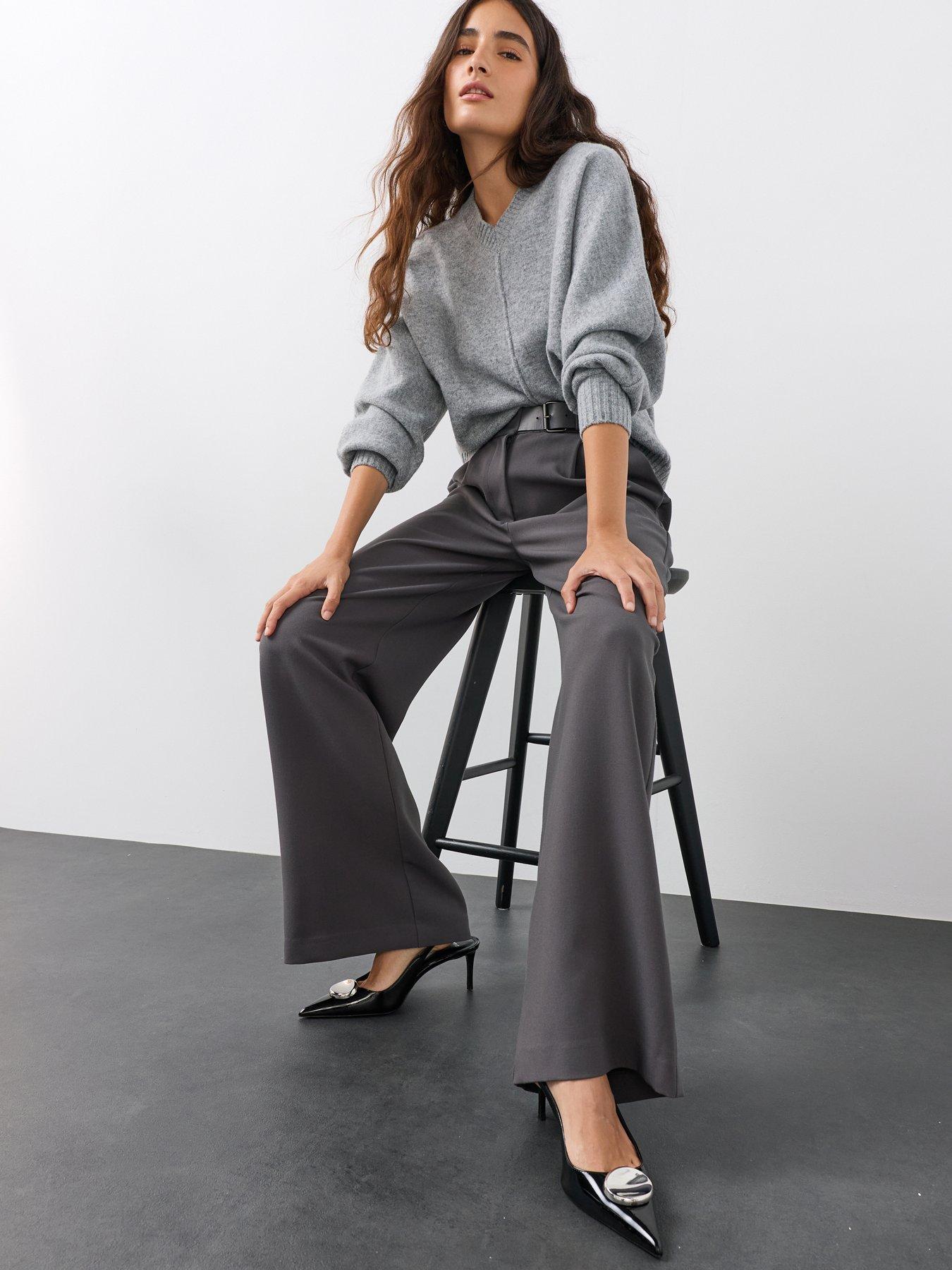 Image 3 of 7 of The Very Collection Buckle Waist Wide Leg Tailored Trousers - Grey