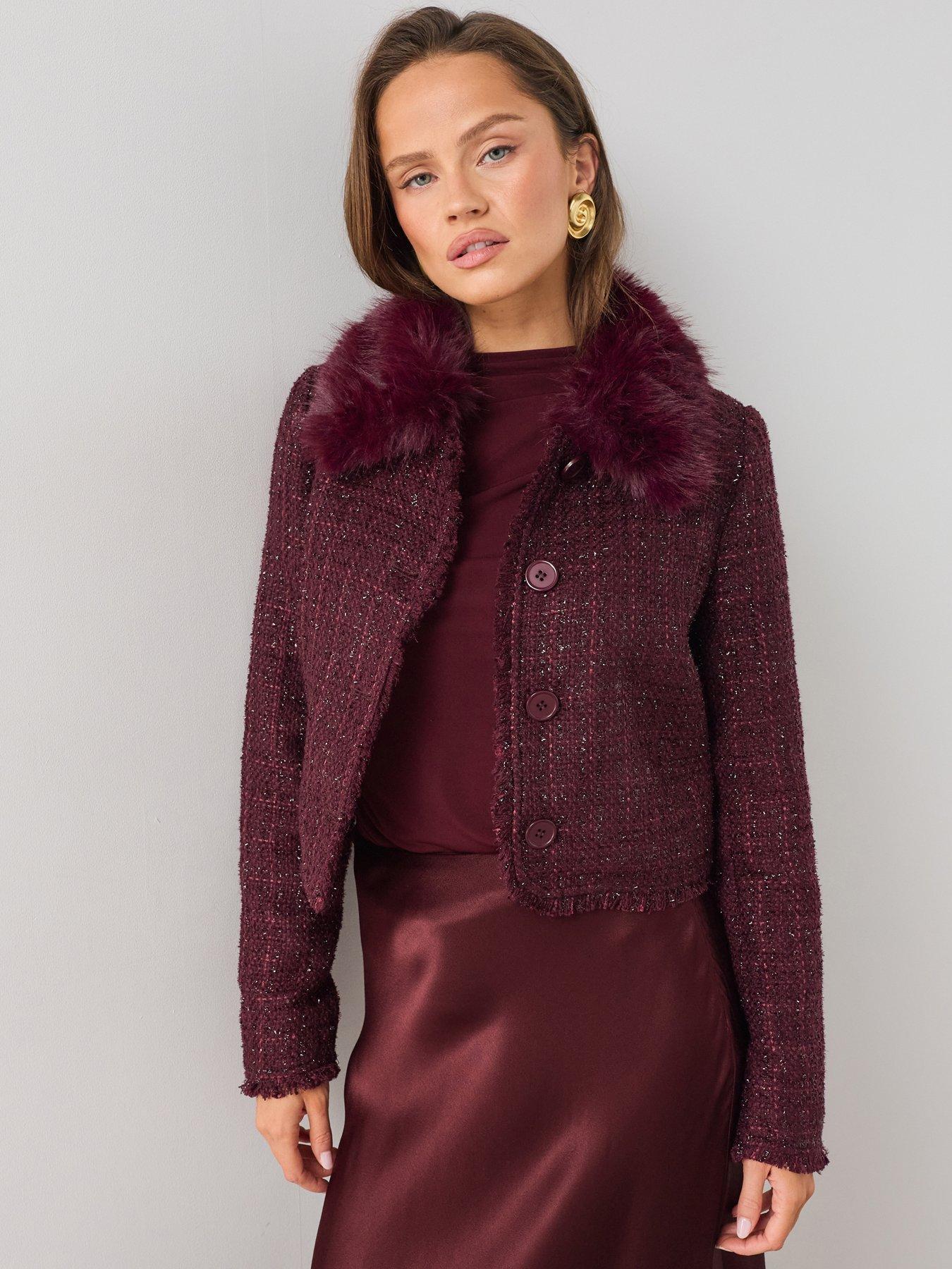 Image 1 of 7 of The Very Collection Cropped Boucl&eacute; Faux Fur Jacket - Purple