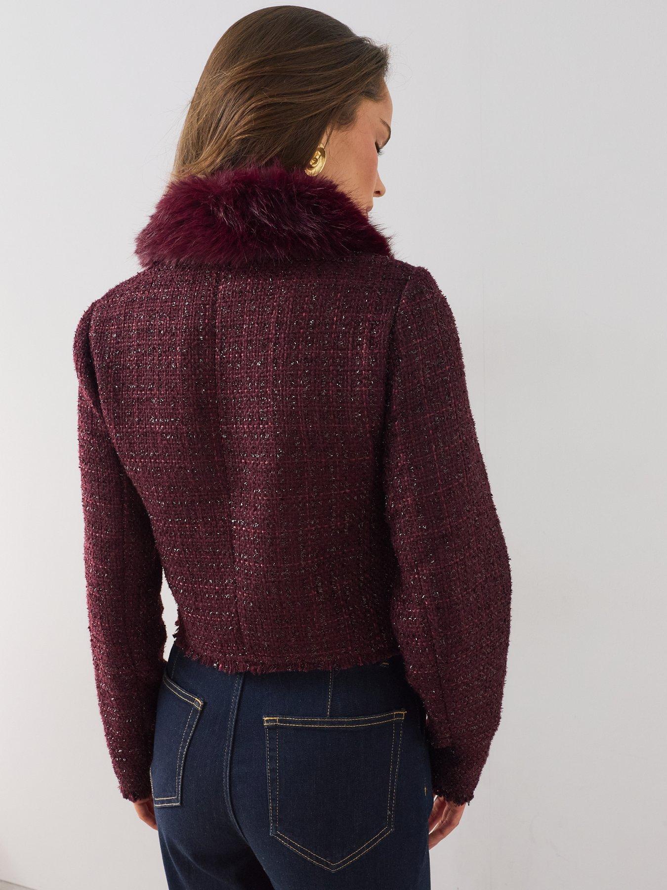 Image 2 of 7 of The Very Collection Cropped Boucl&eacute; Faux Fur Jacket - Purple