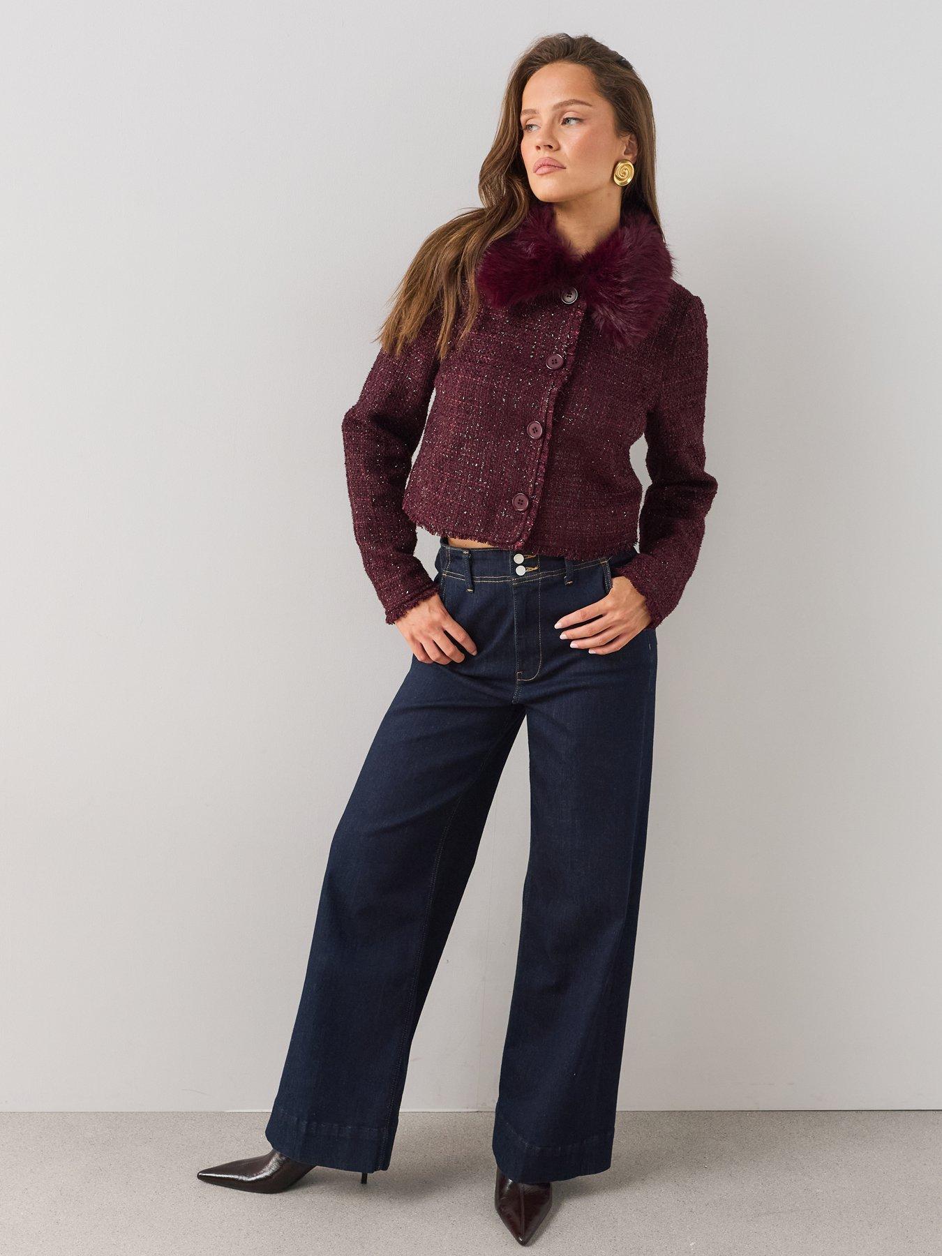 Image 3 of 7 of The Very Collection Cropped Boucl&eacute; Faux Fur Jacket - Purple