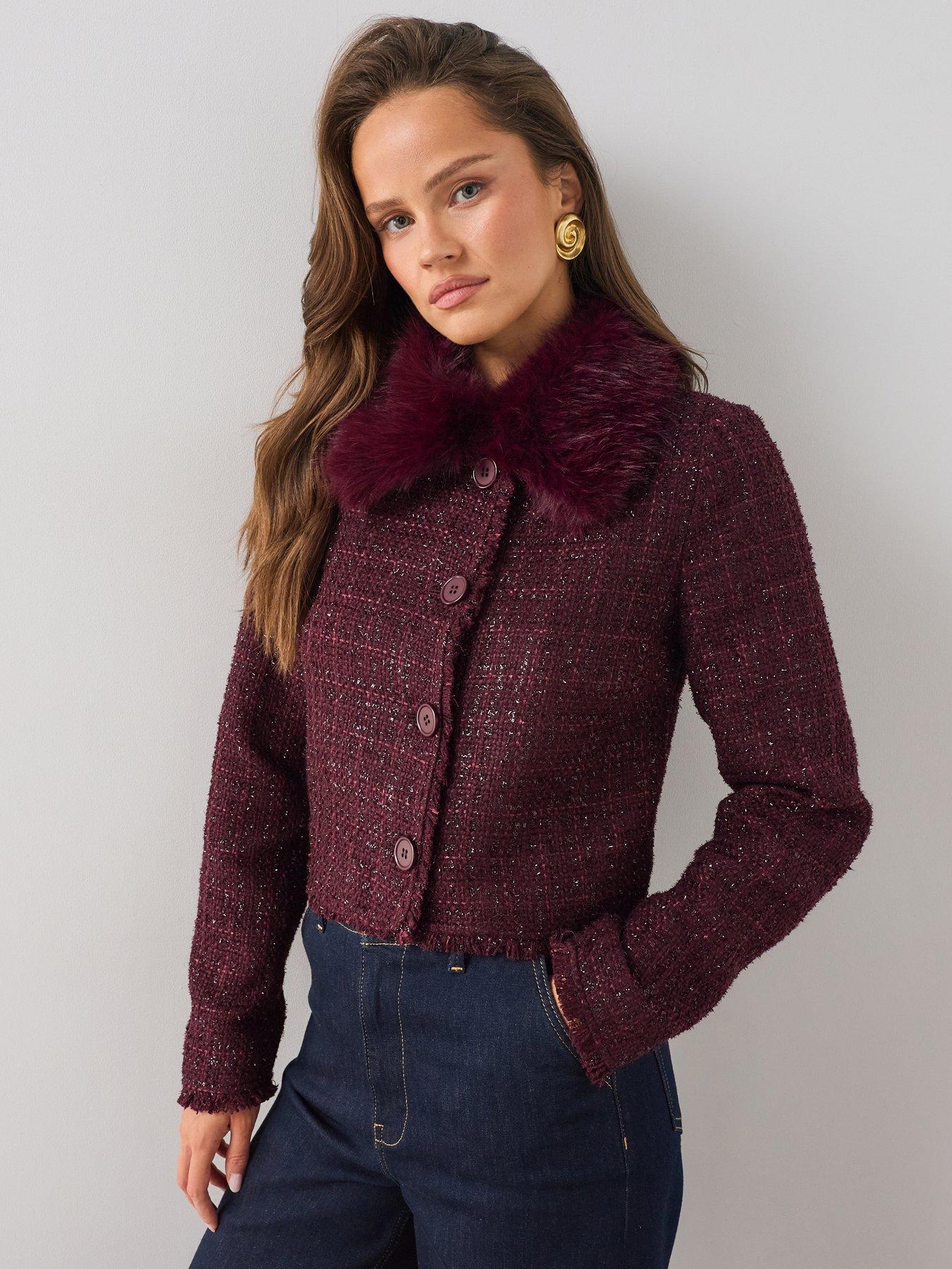 Image 5 of 7 of The Very Collection Cropped Boucl&eacute; Faux Fur Jacket - Purple