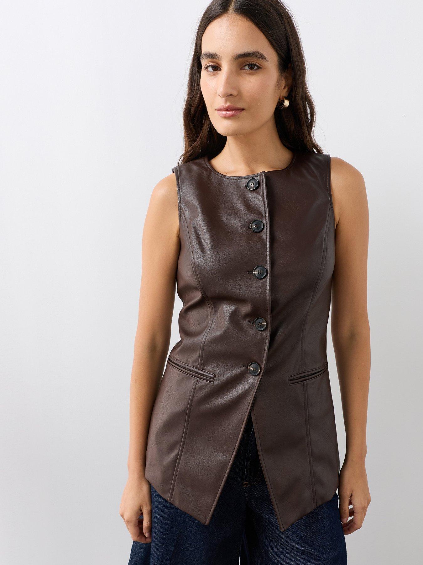 Image 1 of 7 of The Very Collection Women's Pu Button Front Longline Waistcoat - Dark Brown