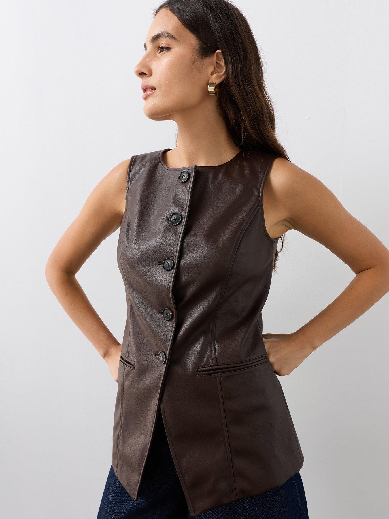 Image 5 of 7 of The Very Collection Women's Pu Button Front Longline Waistcoat - Dark Brown