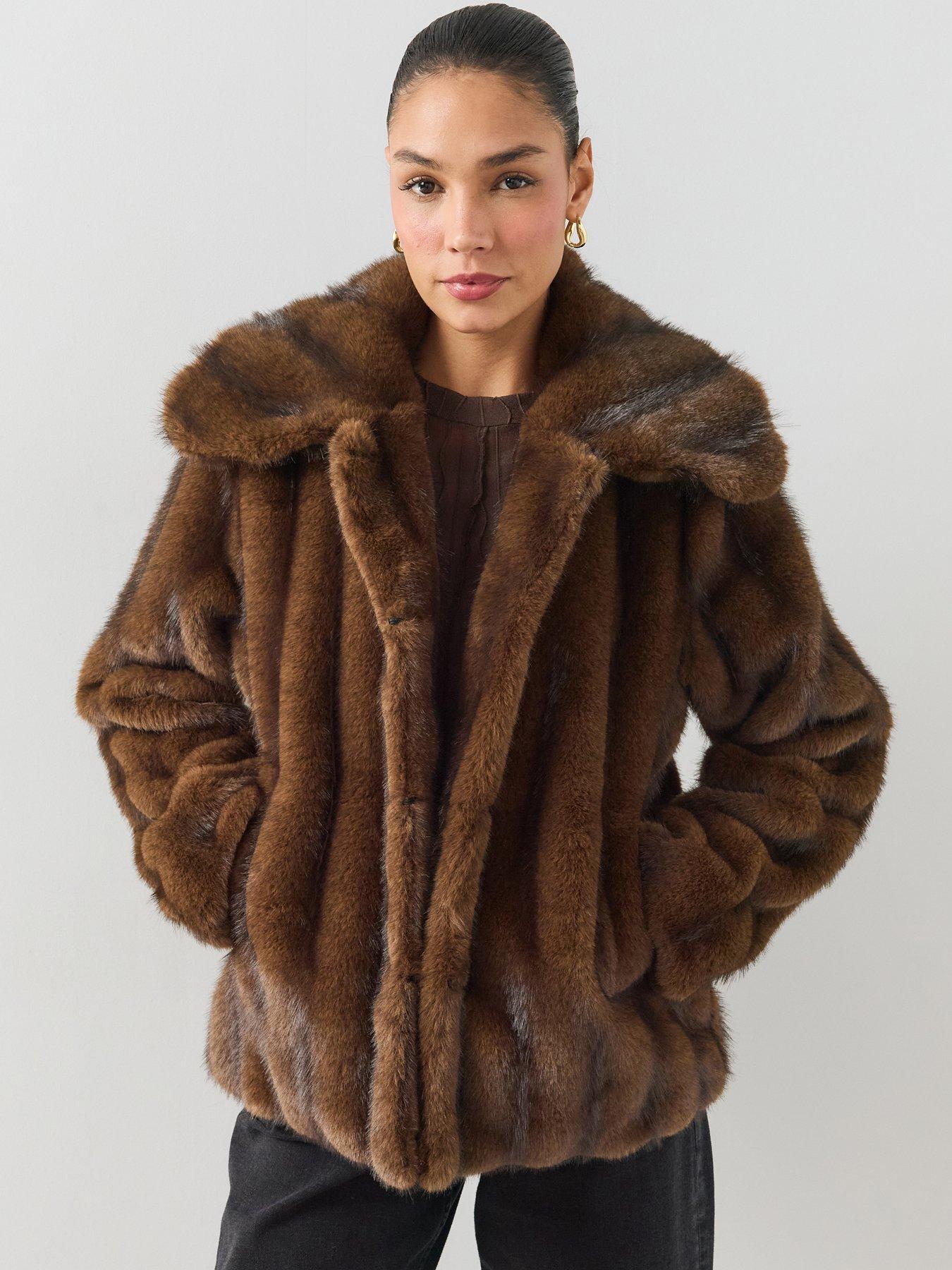 Image 1 of 7 of The Very Collection Brown Stripe Faux Fur Coat