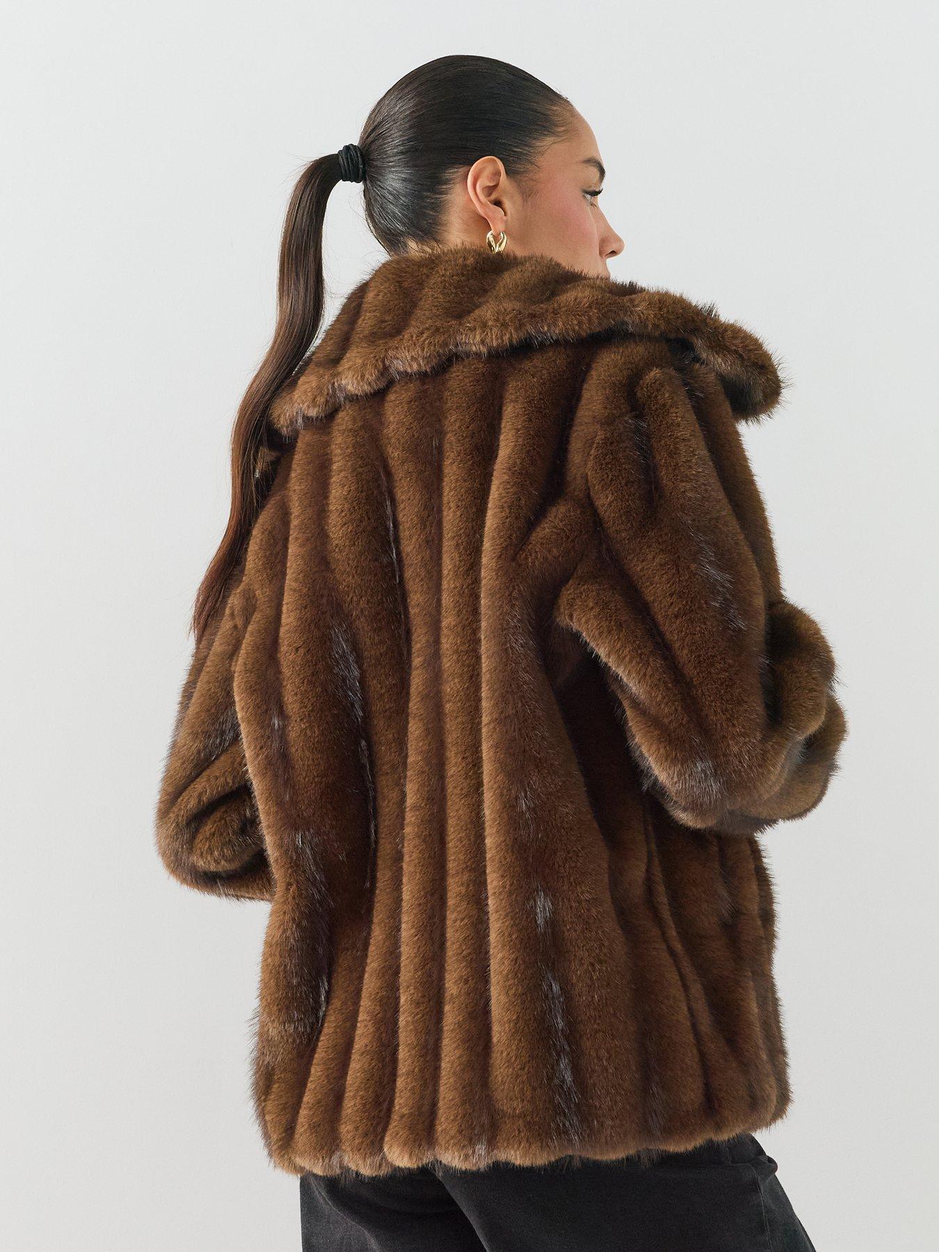 Image 2 of 7 of The Very Collection Brown Stripe Faux Fur Coat