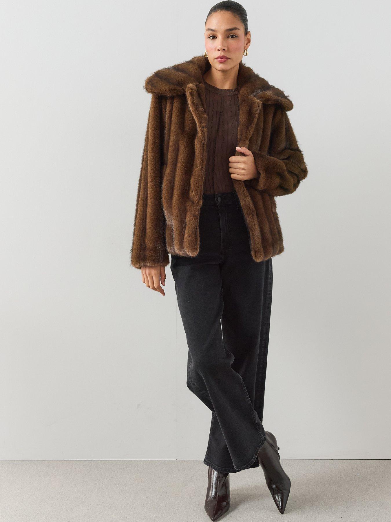 Image 3 of 7 of The Very Collection Brown Stripe Faux Fur Coat