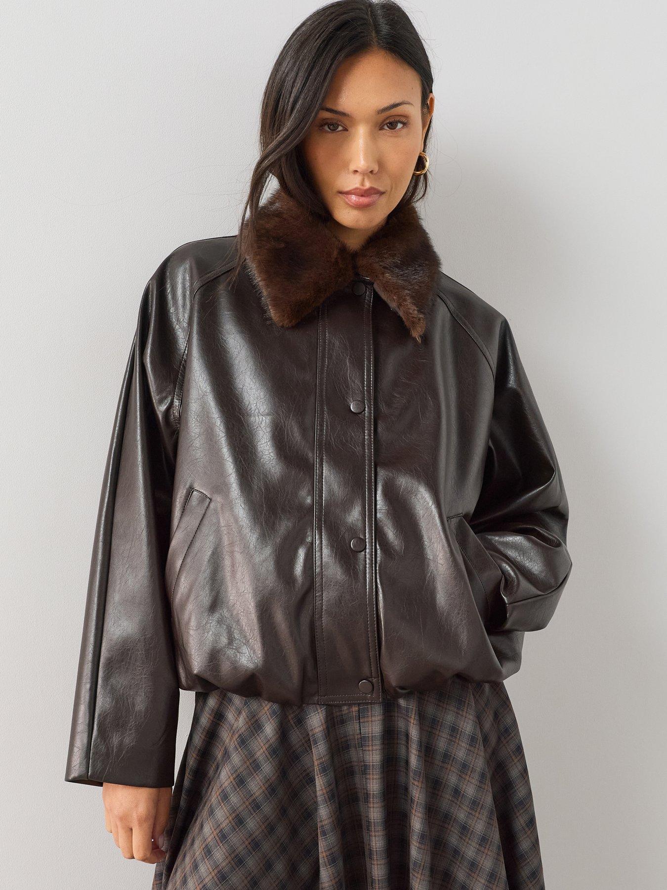 The Very Collection Faux Fur Collar Pu Bubble Hem Jacket - Brown