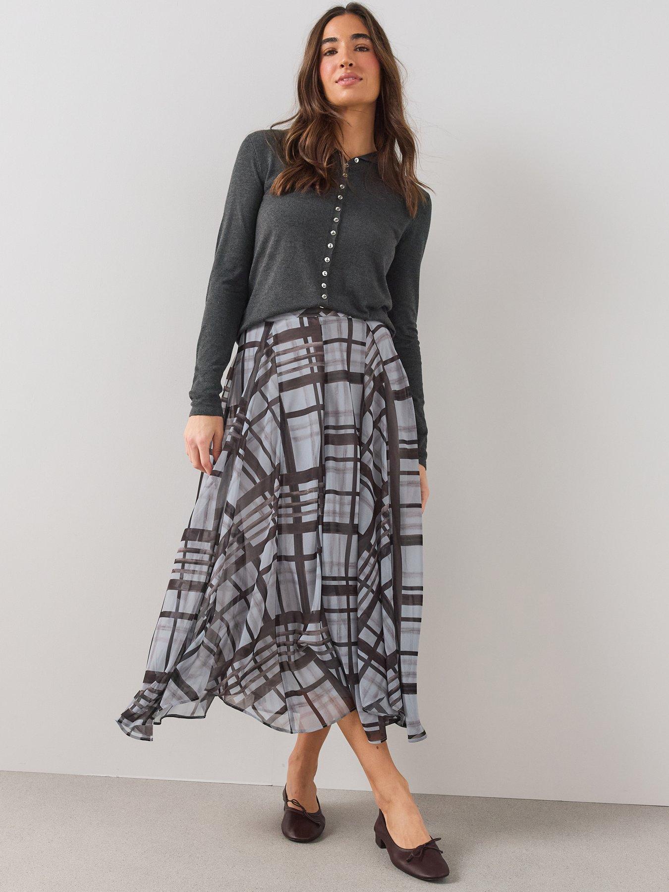 The Very Collection Asymmetric Hem Checked Midi Skirt