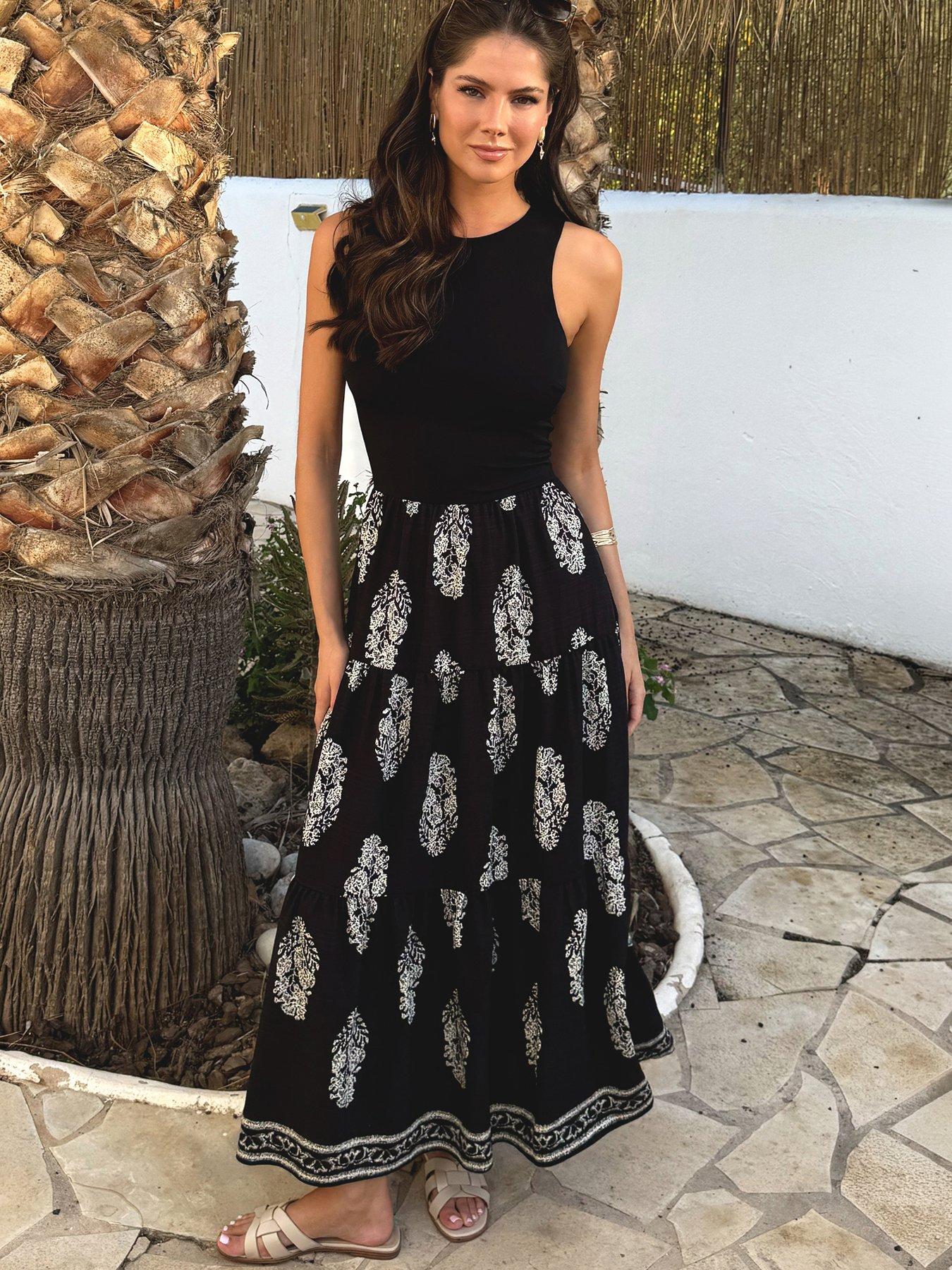 AX Paris Border Print 2-in-1 Smock Midi Dress - Black